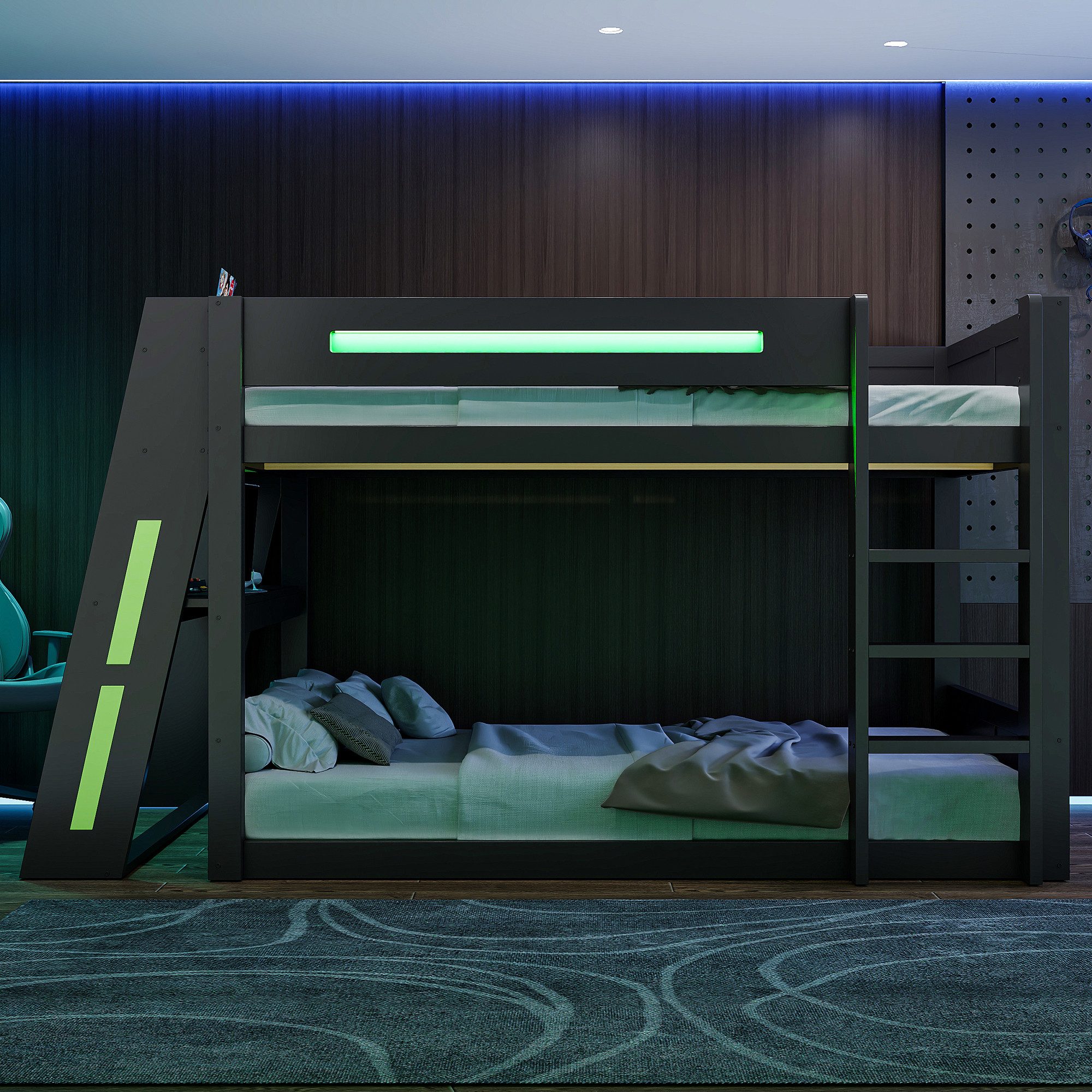 Merax Etagenbett 140x200cm mit LED und USB (Hochbett Jugendbett Stockbett Gaming Bett, 1-St), Holz Kinderbett mit Arbeitsbereich, Leiter, Ablagefächern & Stauraum