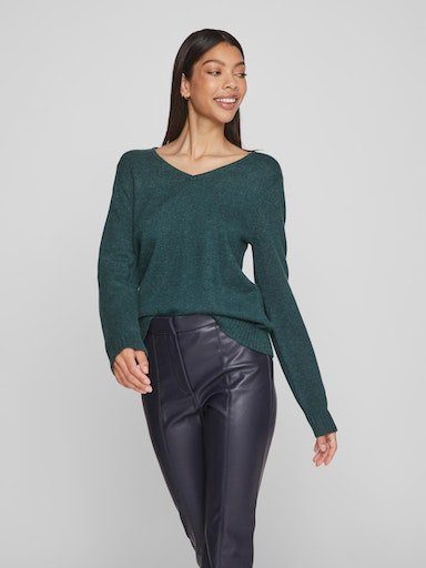 Vila V-Ausschnitt-Pullover VIRIL V-NECK L/S KNIT TOP - NOOS Ponderosa Pine Detail:DARK MELANGE | 