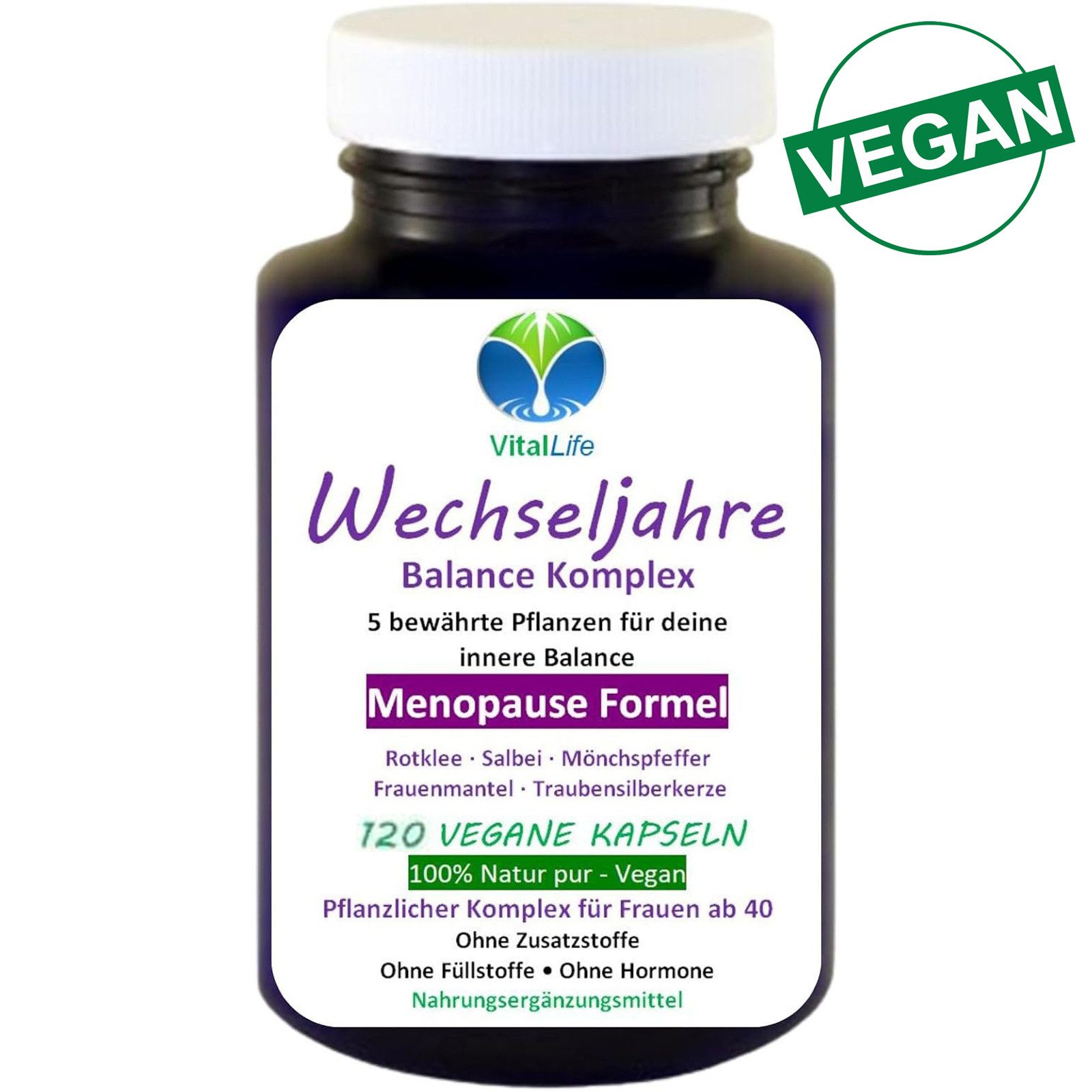 VitalLife Wechseljahre Komplex Menopause Formel ohne Zusatzstoffe vegane Kapseln, 1 er Dose à 120 St., 60 g, Art. 27420-120
