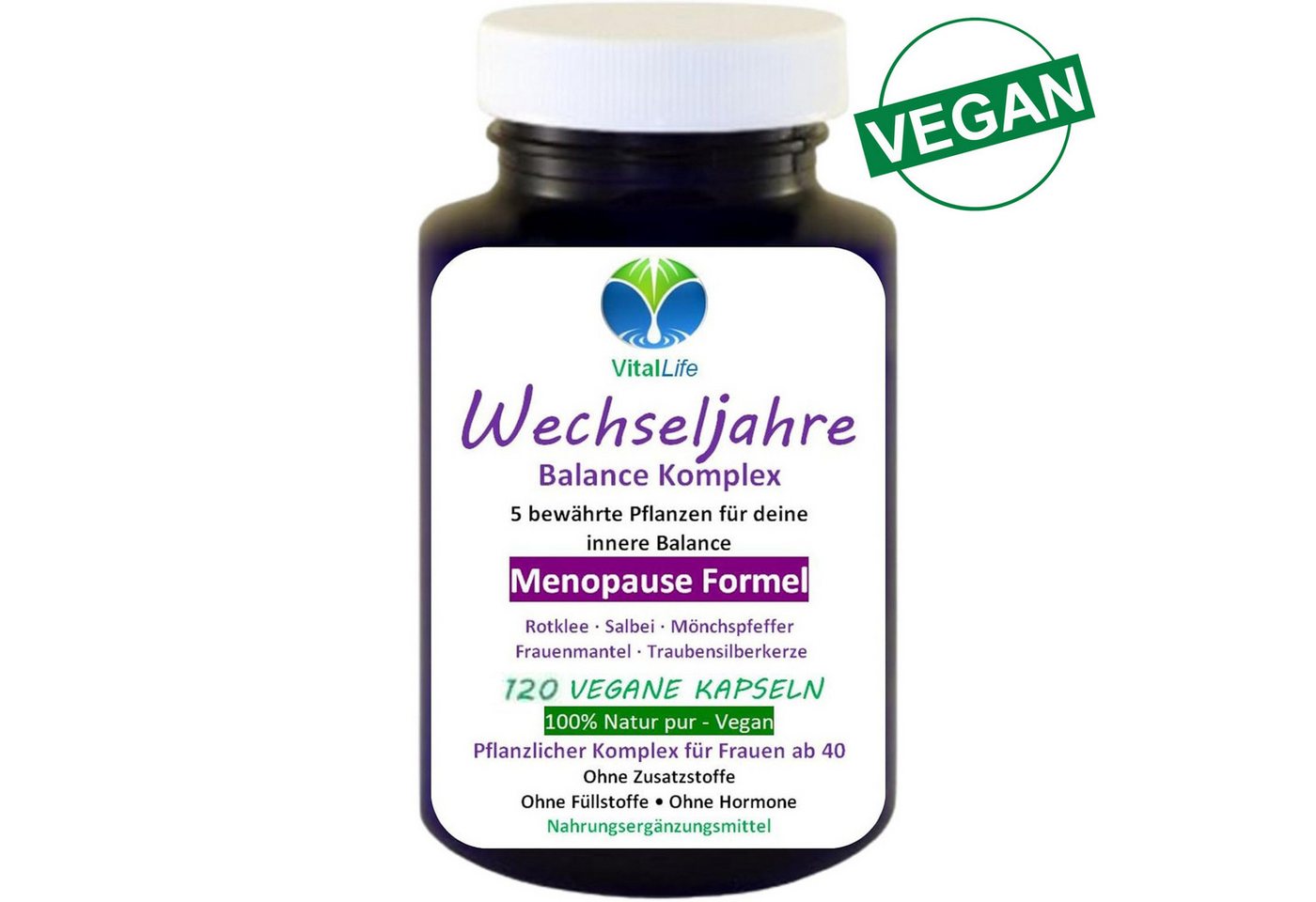 VitalLife Wechseljahre Komplex Menopause Formel ohne Zusatzstoffe vegane Kapseln, 1 er Dose à 120 St., 60 g, Art. 27420-120