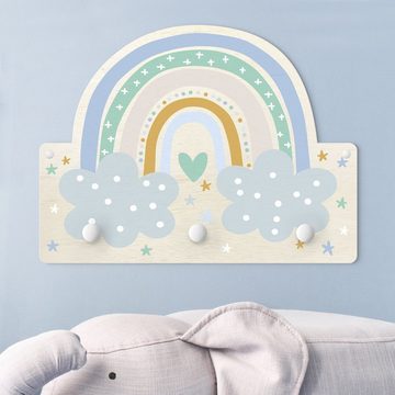 Bilderdepot24 Garderobenpaneel pastell Muster Weltall Himmel Sterne Regenbogen mit Wolken Türkis (Kindergarderobe Holz Kleiderhaken für die Wand inkl. Montagematerial), moderne Wand Garderobenleiste Flur - kleine Hakenleiste Kinderzimmer