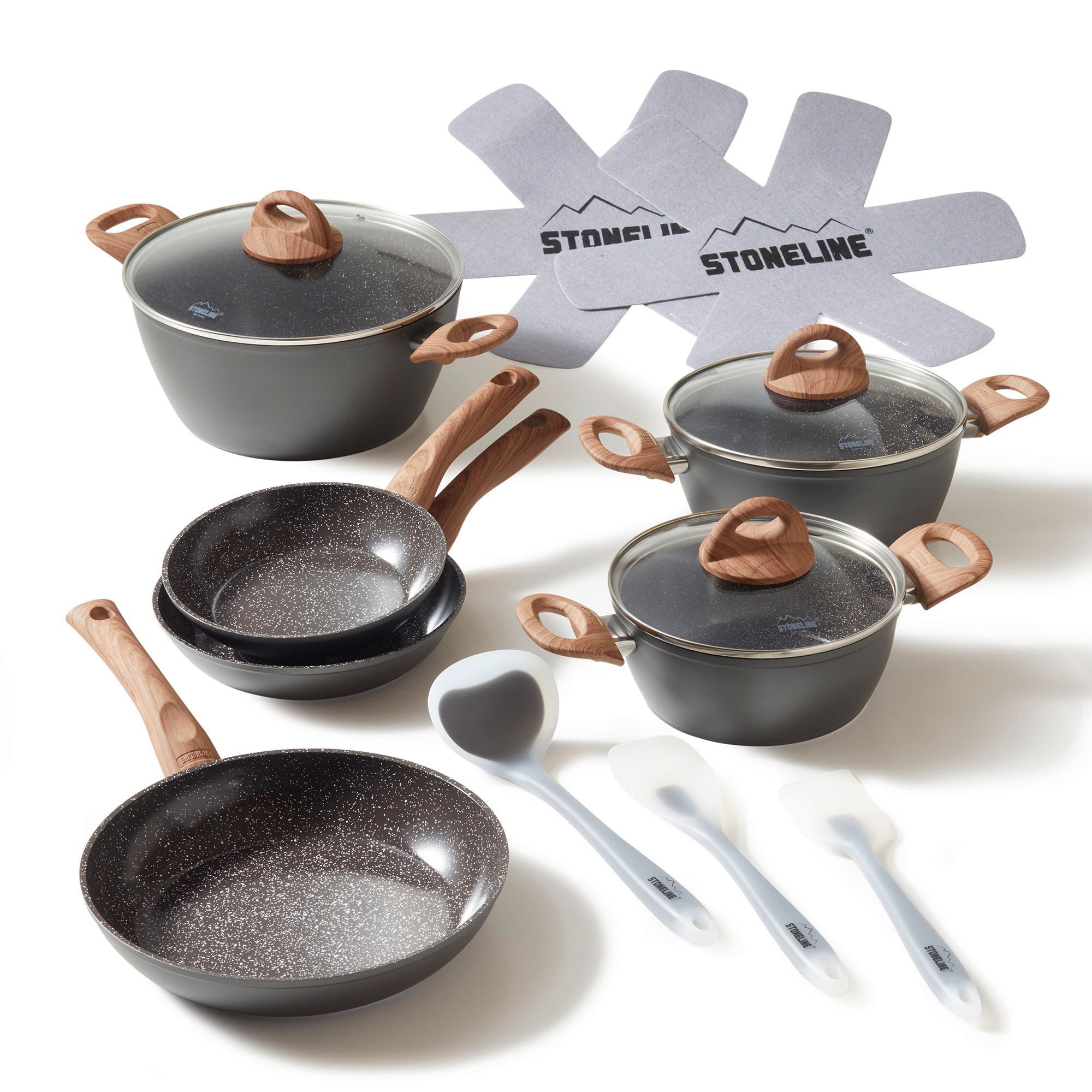 STONELINE Topf-Set Kochgeschirr-Set, 14-teilig, mit Griff in Holzoptik und Glasdeckeln, Aluminium, Keramik (14-tlg), mit echten Steinpartikeln, induktionsgeeignet, Designed in Germany