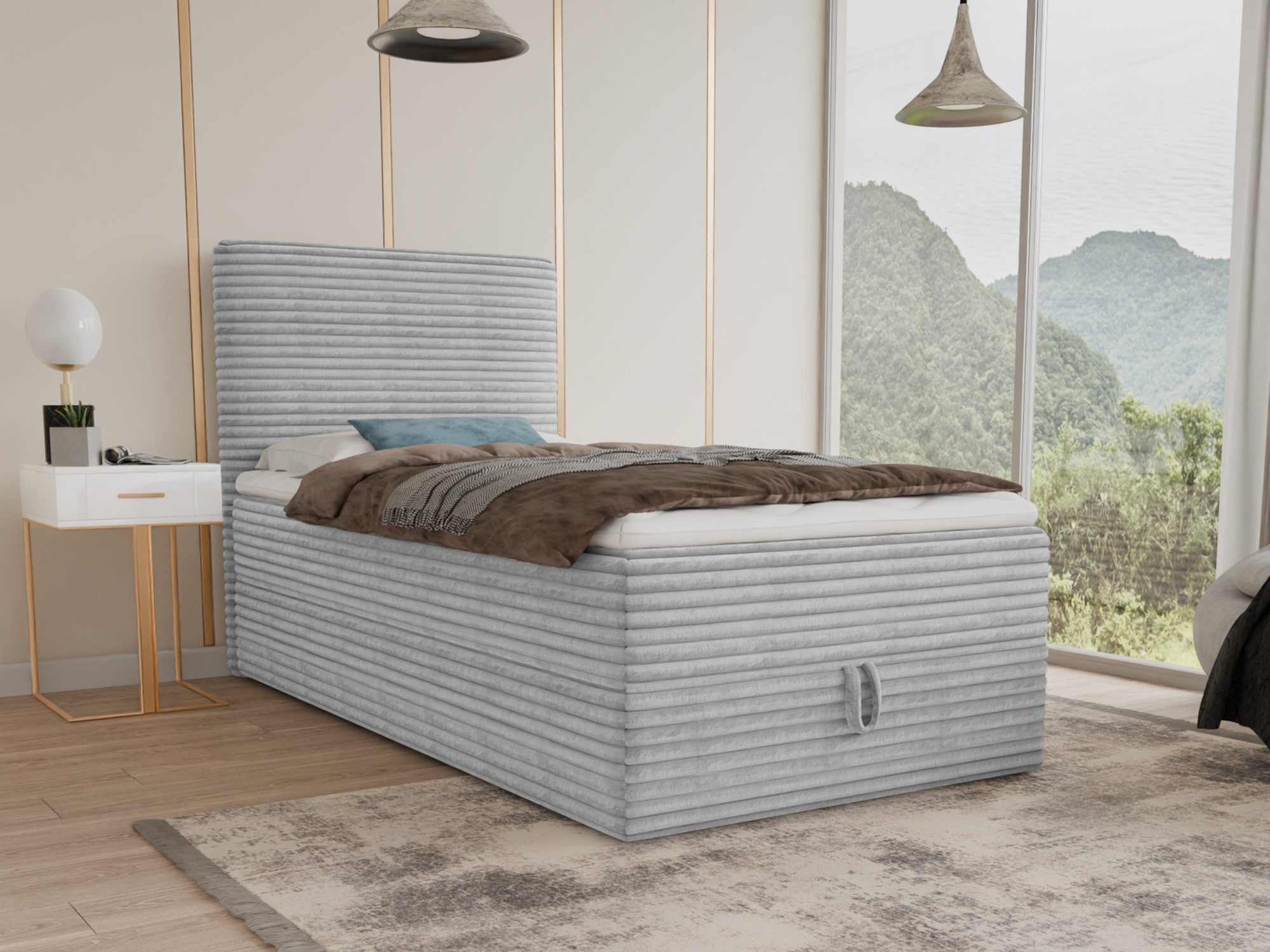Sofnet Boxbett Mollo Mini (großer Bettkasten, Bonell-Matratze und Topper), Einzelbett, Polsterbett mit Kopfteil, Boxspringbett, Cordstoff