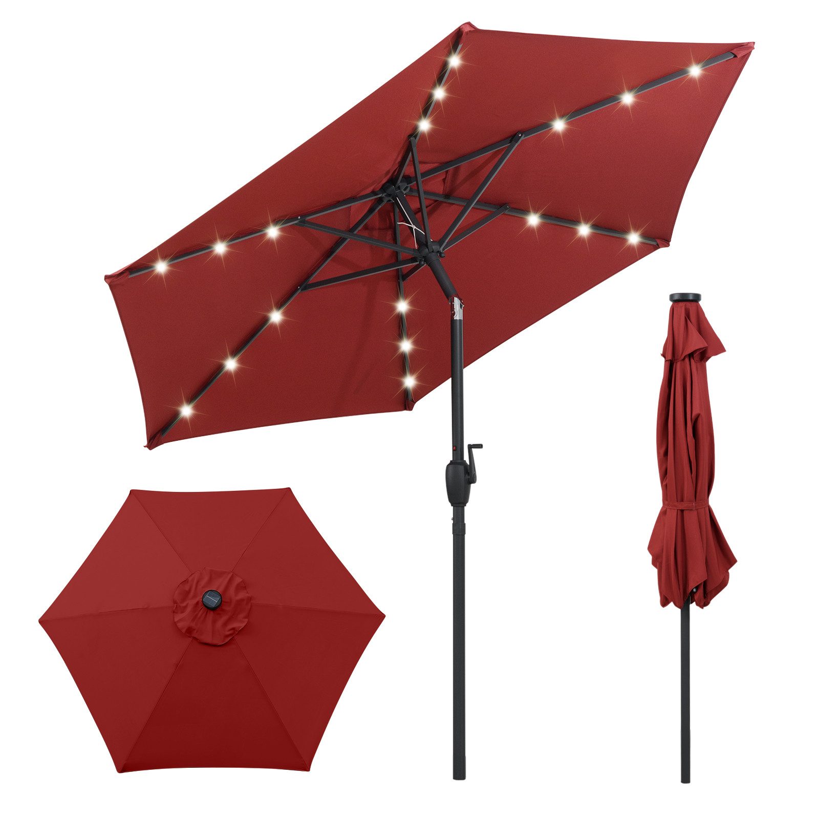 COSTWAY Sonnenschirm, LxB: 230x230 cm, mit LED-Solar-Beleuchtung, Kurbel, neigbar