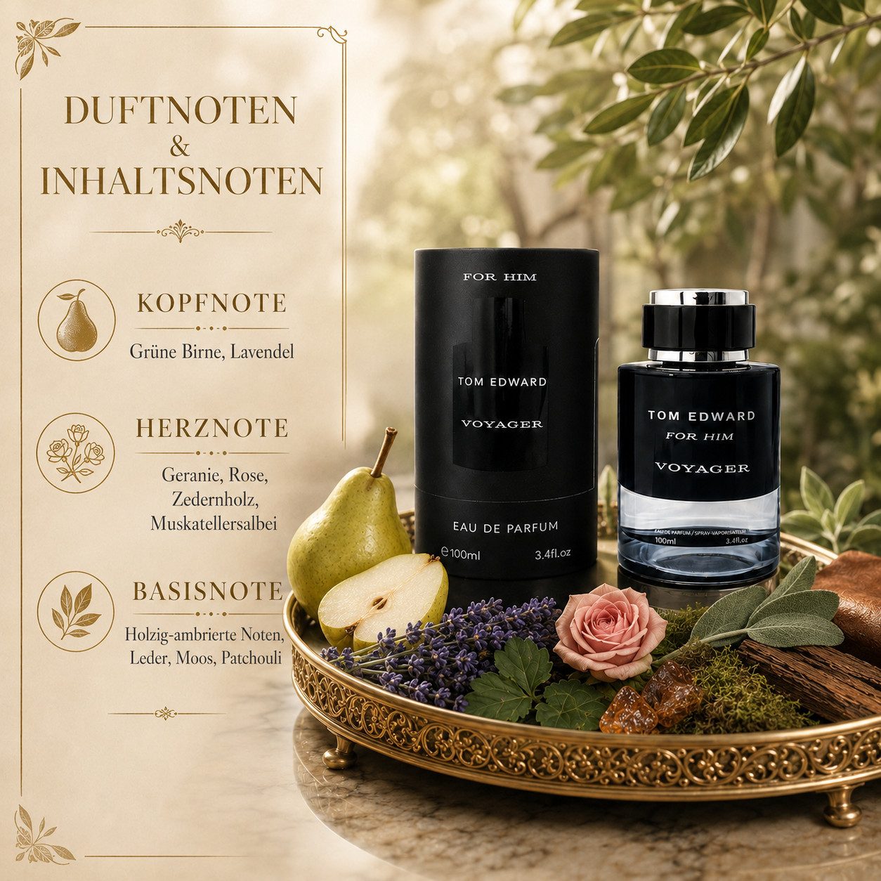 TOM EDWARD Eau de Parfum Tom Edward Voyager for Him Herrenduft Frisch Holzig Aromatisch e100 ml, Hergestellt in UK, Luxus Herrenduft, Langanhaltend, Schone Verpackung