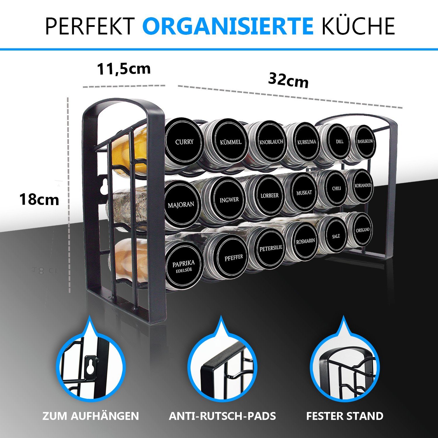 18 Komplett-Set, Gewürzgläser, Gewürzetiketten Gewürzregal, inklusive LEANDER 54 DESIGN