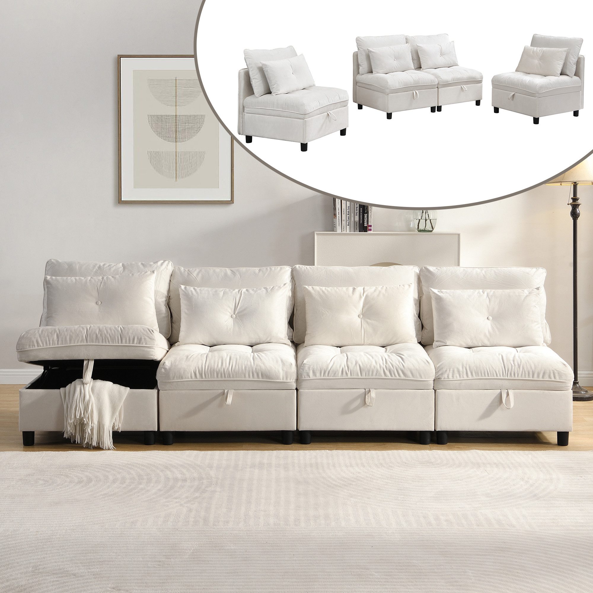 Totnz Schlafsofa Modulares Sofa 4-Sitzer mit Schlaffunktion, flexibel kombinierbar, 4 Teile, mit Stauraum, Chenille-Bezug, inkl. Kissen, Massivholzrahmen
