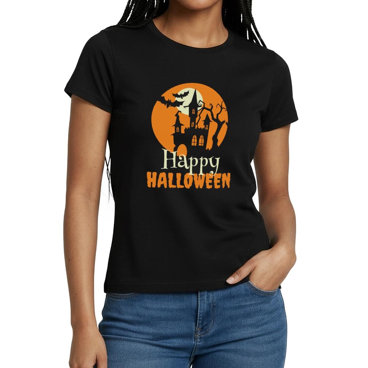 Spreadshirt T-Shirt Happy Halloween Spukhaus Mit Vollmond Und Fledermaus Frauen T-Shirt (1-tlg) Slim Fit, fällt klein aus