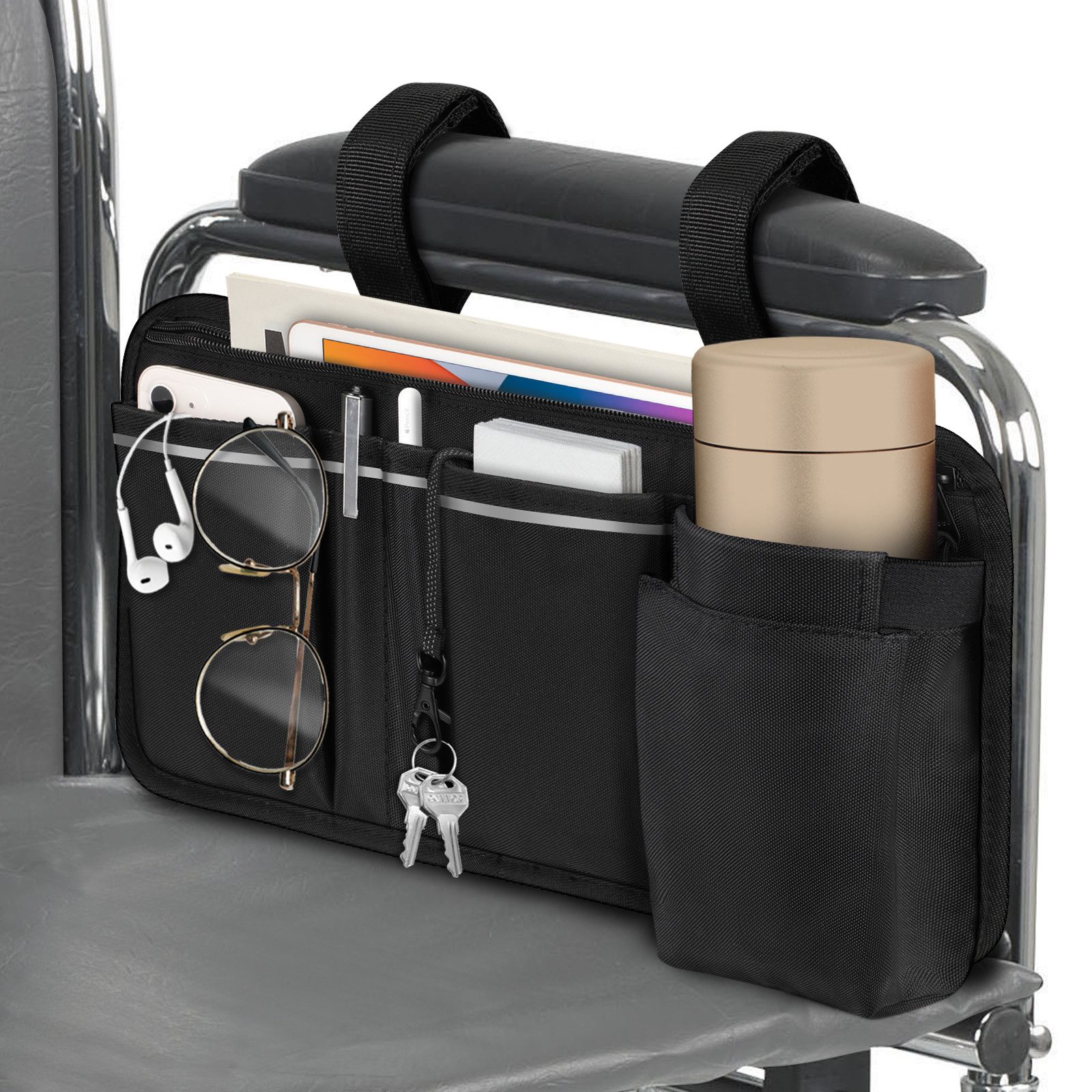 Fintie Rollstuhltasche für Armlehne-Rollstuhlsack mit Flaschenhalter, reflektierende Streifen, Tasche für Rollator, Rollstuhl, Kinderwagen, Walker, Mobility Scooter