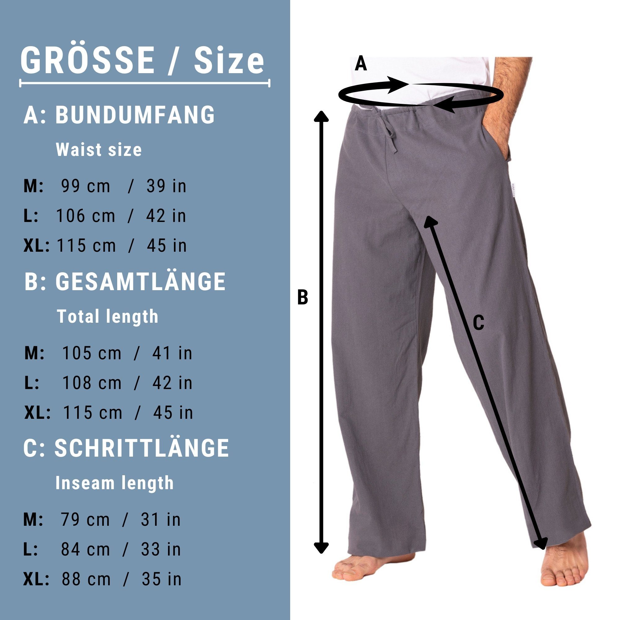 Freizeithose aus in Farbauswahl Damen Herren dark Stoffhose Unisex sky blue Baumwolle Relaxhose Wellnesshose für und Taschen Bequeme mit PANASIAM feiner großer