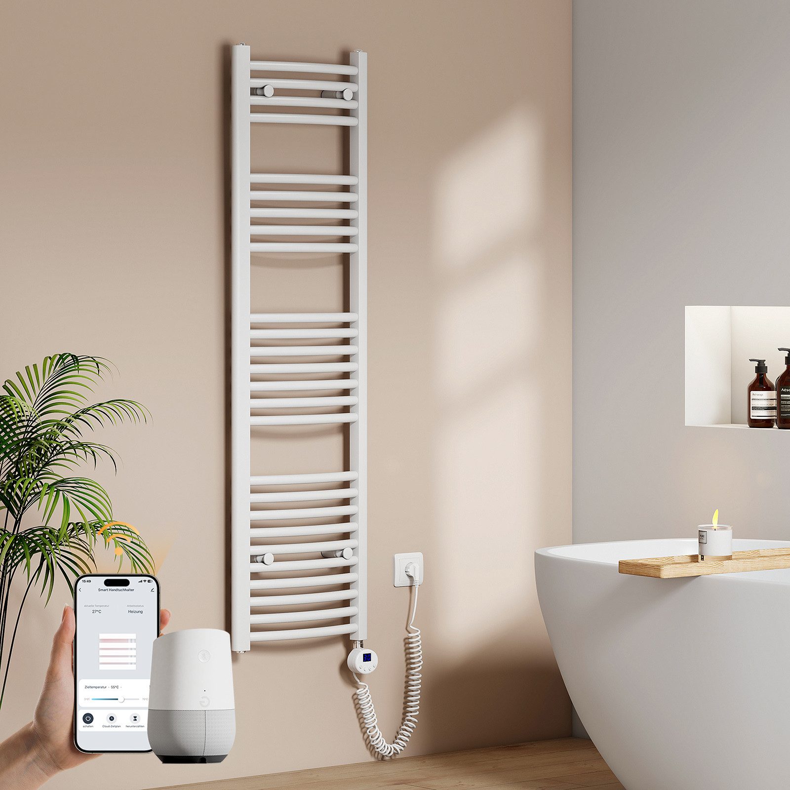 EMKE Elektrischer Badheizkörper mit Thermostat Höhe: 140cm, Breite:40/50/60cm Handtuchtrockner, Wifi App Steuerung 4 Heizmodi, 7-Tage-Timer, Boost & Frostschutz