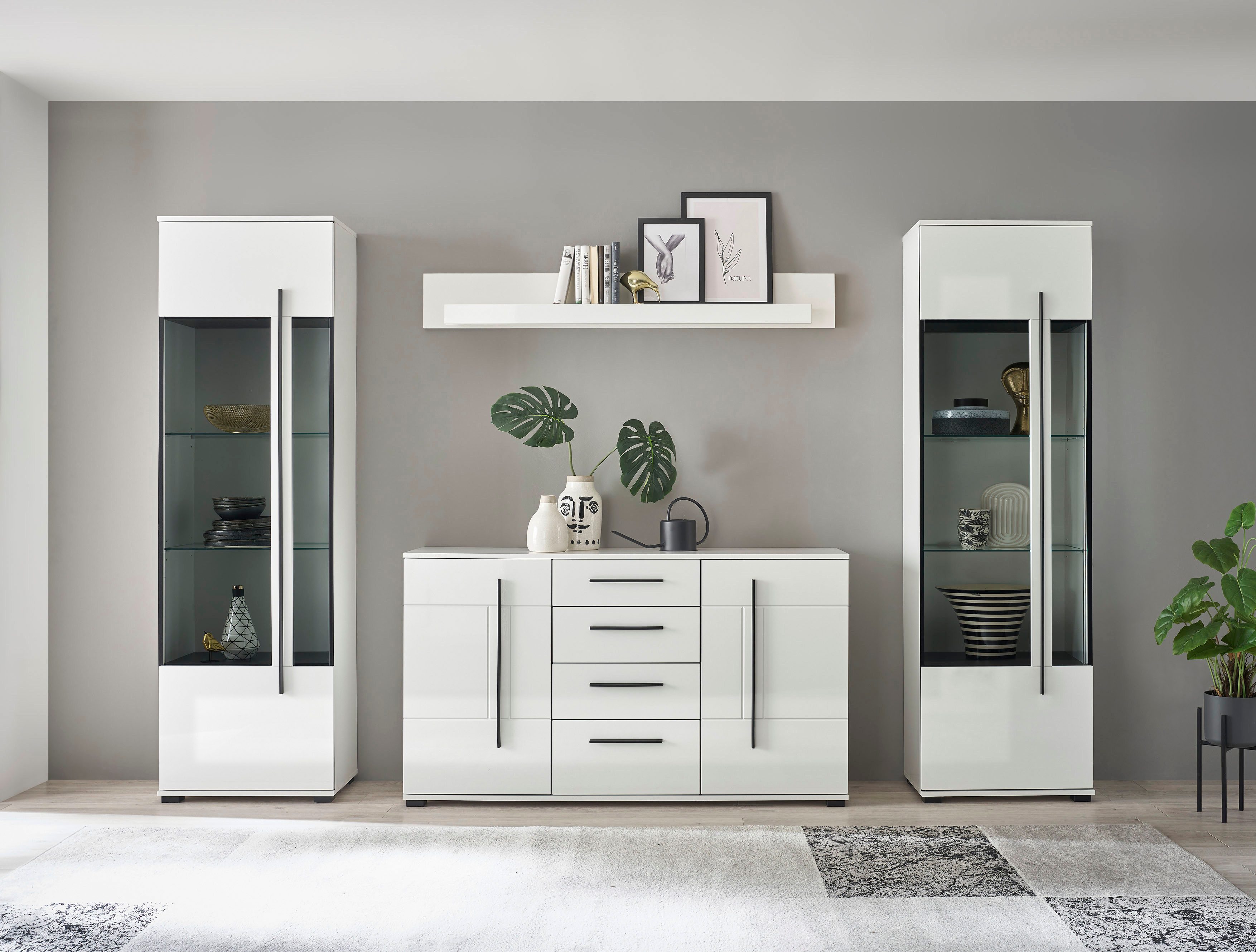Home affaire Wohnwand Cantara, Anbauwand, Wohnzimmer-Set, in Eiche Evoke, Weiß oder Kaschmir, (Set), enthält zwei Vitrinen, ein Sideboard und ein Wandboard