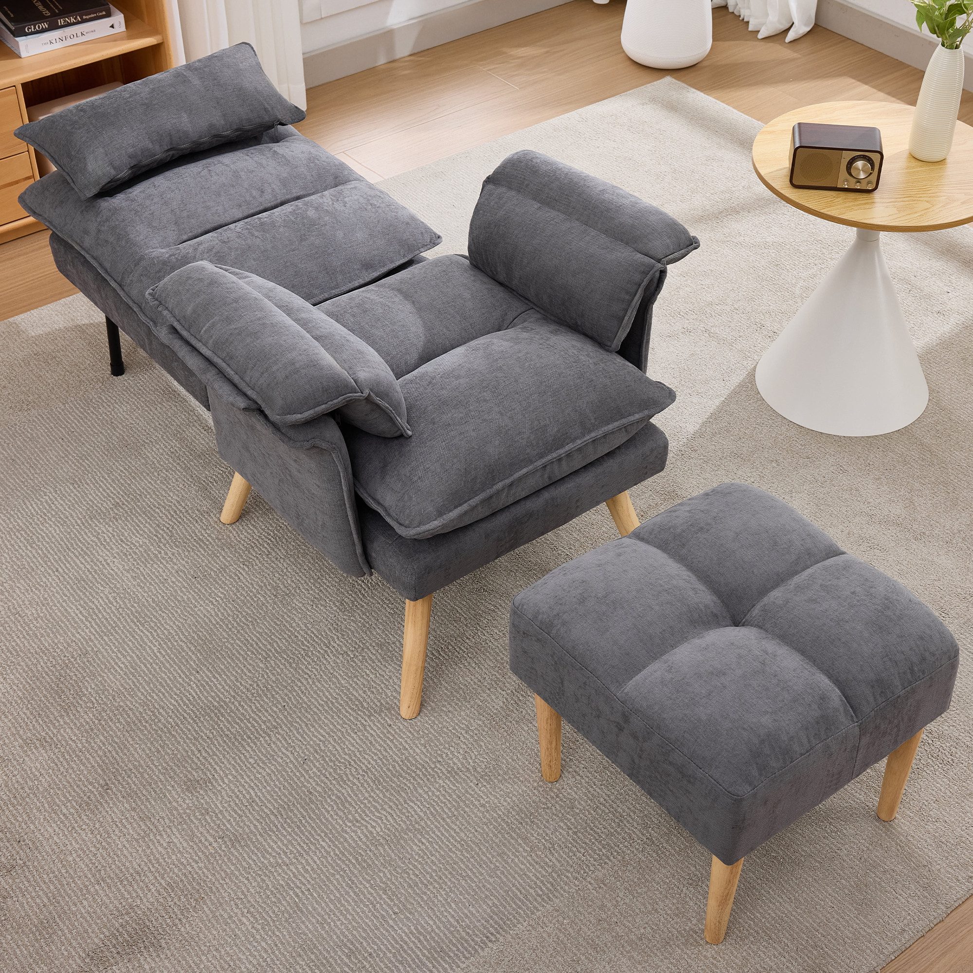 Merax Relaxsessel mit Hocker, 5-fach verstellbarer Liegesessel Lesesessel (85 × 78,5 × 112 cm, 1-St., Relaxsessel inkl. Hocker), Polstersessel mit Kissen & Massivholzbeinen, Loungesessel aus Leinen