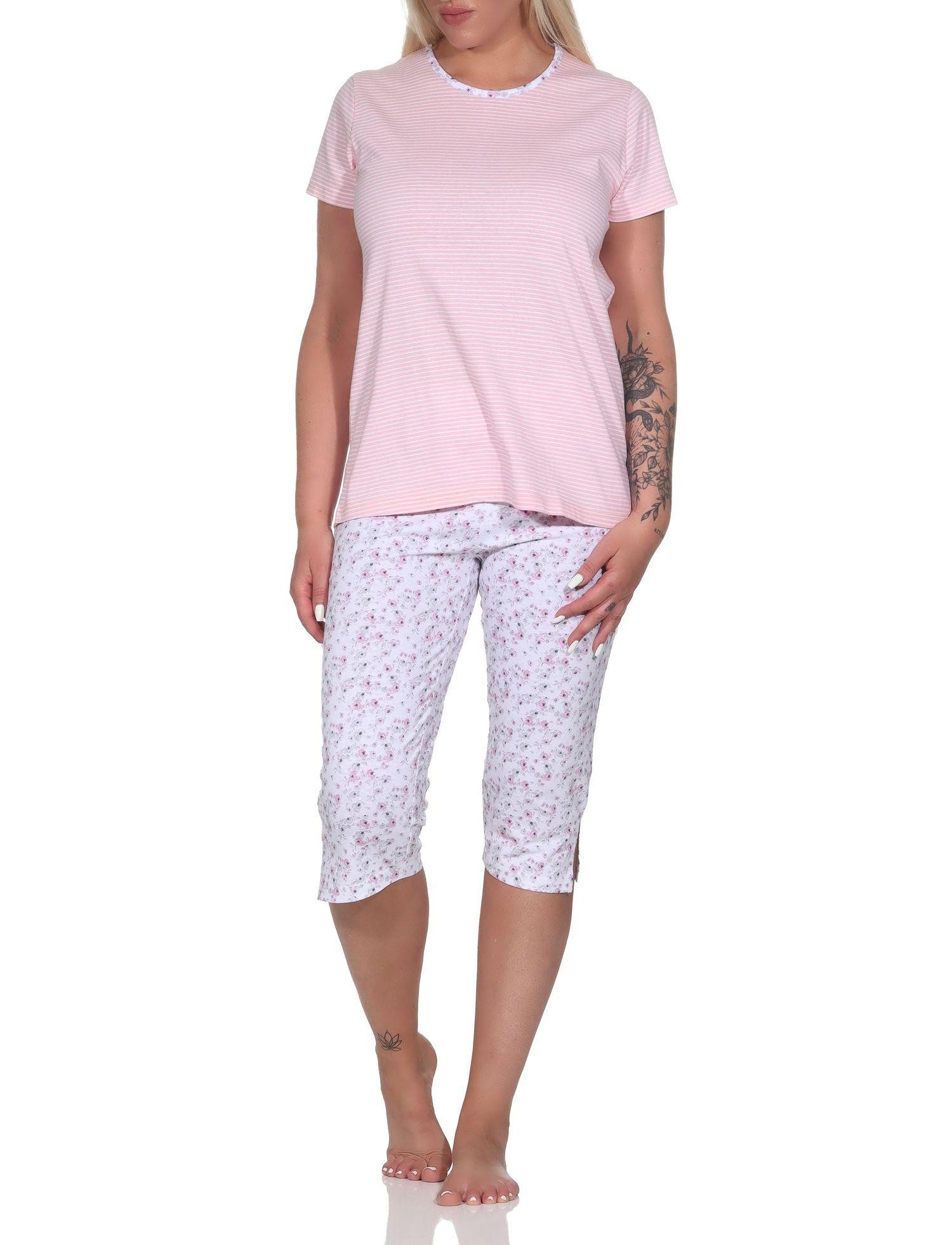 Normann Pyjama Floraler Damen Capri Schlafanzug mit Streifen, 3/4 Hose & Rundhals