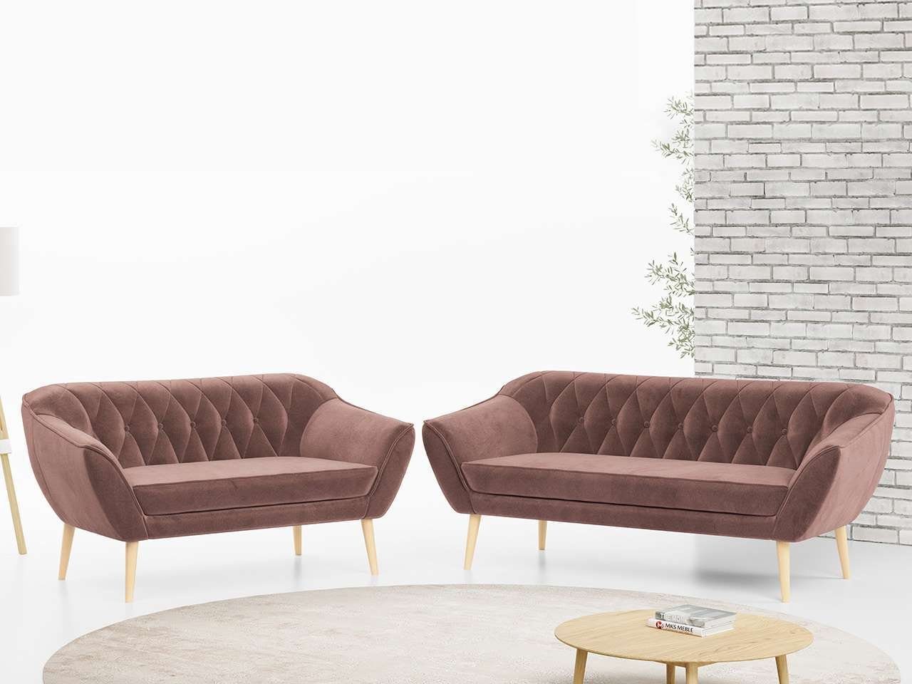 MKS MÖBEL Sofa PIRS 3 2, Skandinavischer Stil, Gesteppte Polsterung, Moderne Sofa Set 3 + 2 Rosa Monolith
