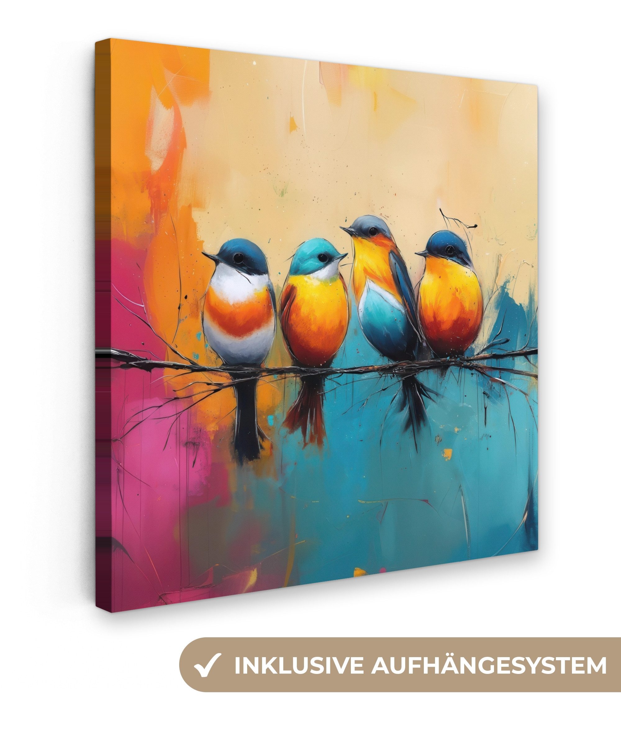 OneMillionCanvasses® Leinwandbild Vögel - Bunt - Zweig - Abstrakt, Fotodruck (1 St), Wandbild, Deko Schlafzimmer Wohnzimmer Flur 20x20 cm
