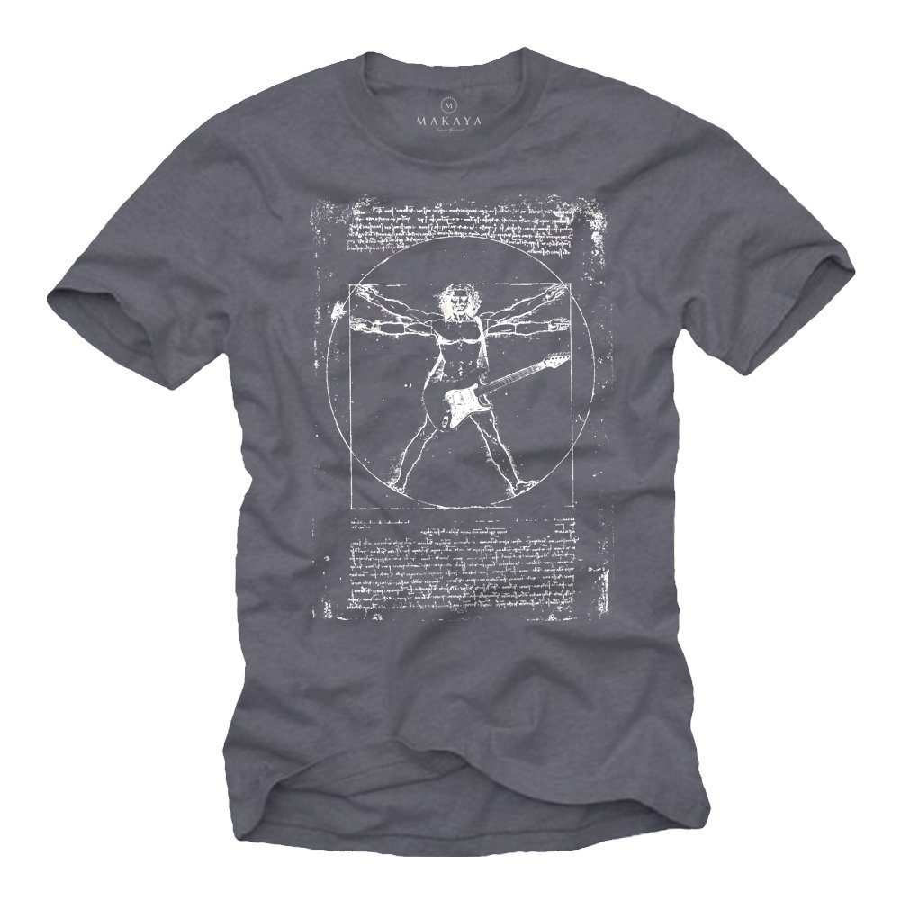 MAKAYA Print-Shirt Gitarre Herren Musik Bandshirt Da Vinci T-Shirt Geschenk Männer Jungs Frontprint, aus Baumwolle Blaugrau