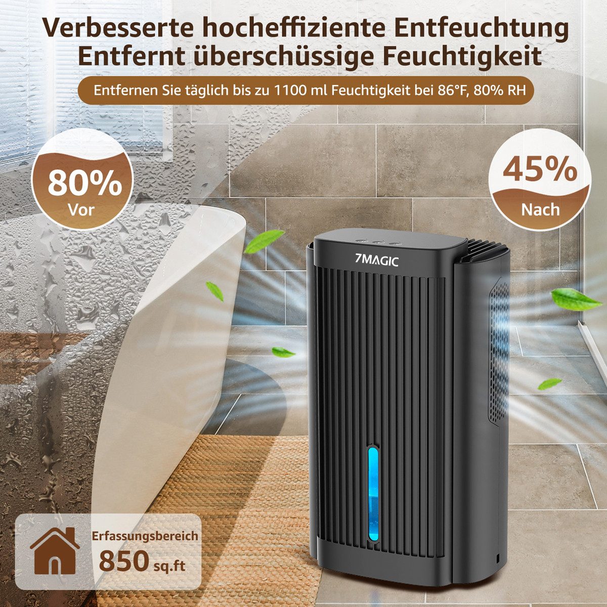 7MAGIC Luftentfeuchter, für 50 m³ Räume, Entfeuchtung 1,10 l/Tag, Tank 2,80 l, Luftentfeuchter Elektrisch, Entfeuchter Leise, Schlafmodus, LED-Licht