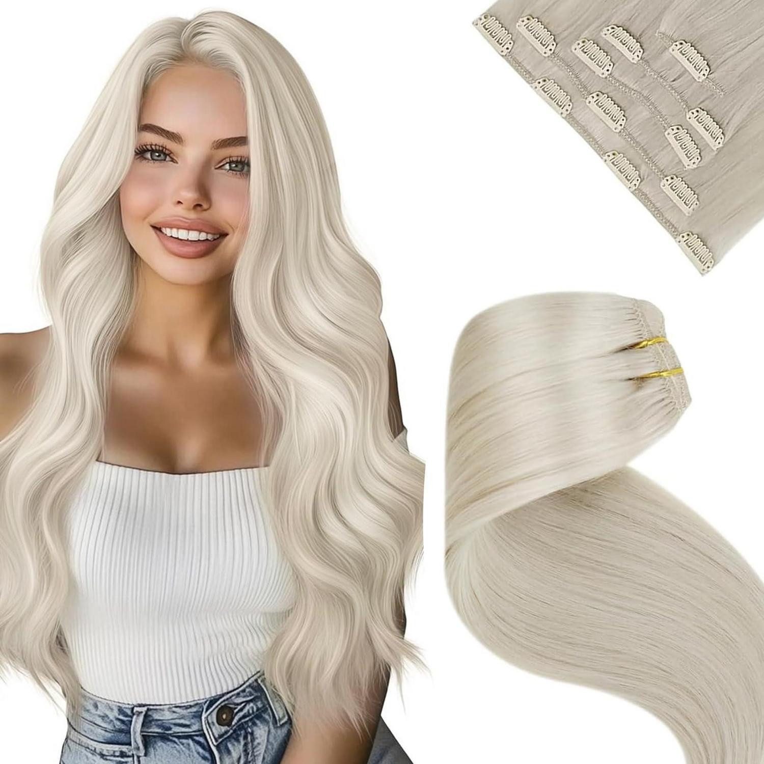 LuxusKollektion Echthaar-Extension Clip in Extensions Echthaar Platinblond Remy 55cm 55cm-5PCS 2.3#60