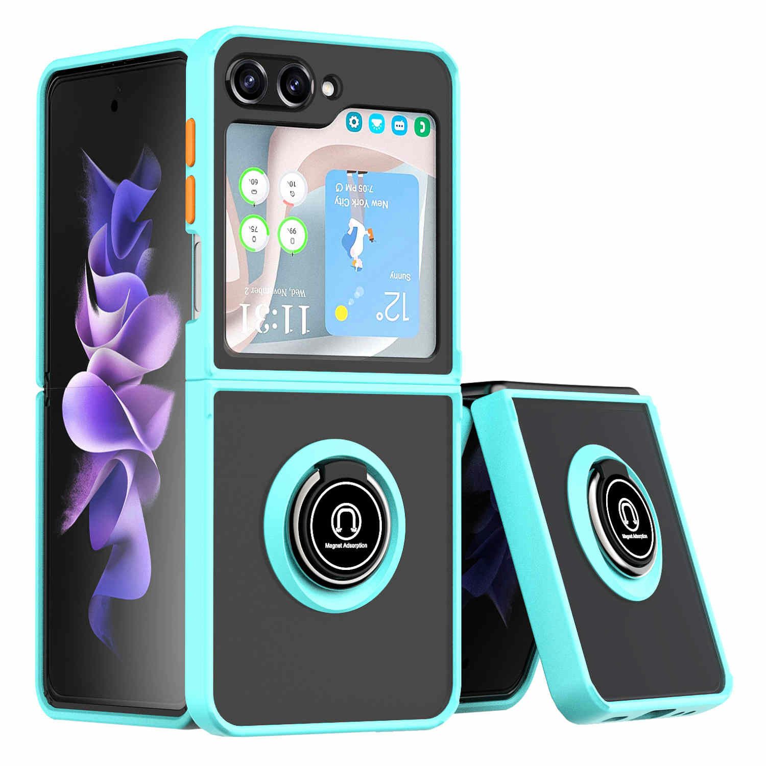 Wigento Handyhülle Für Samsung Galaxy Z Flip5 5G Ring Magnet Handy Tasche Hülle Hellblau