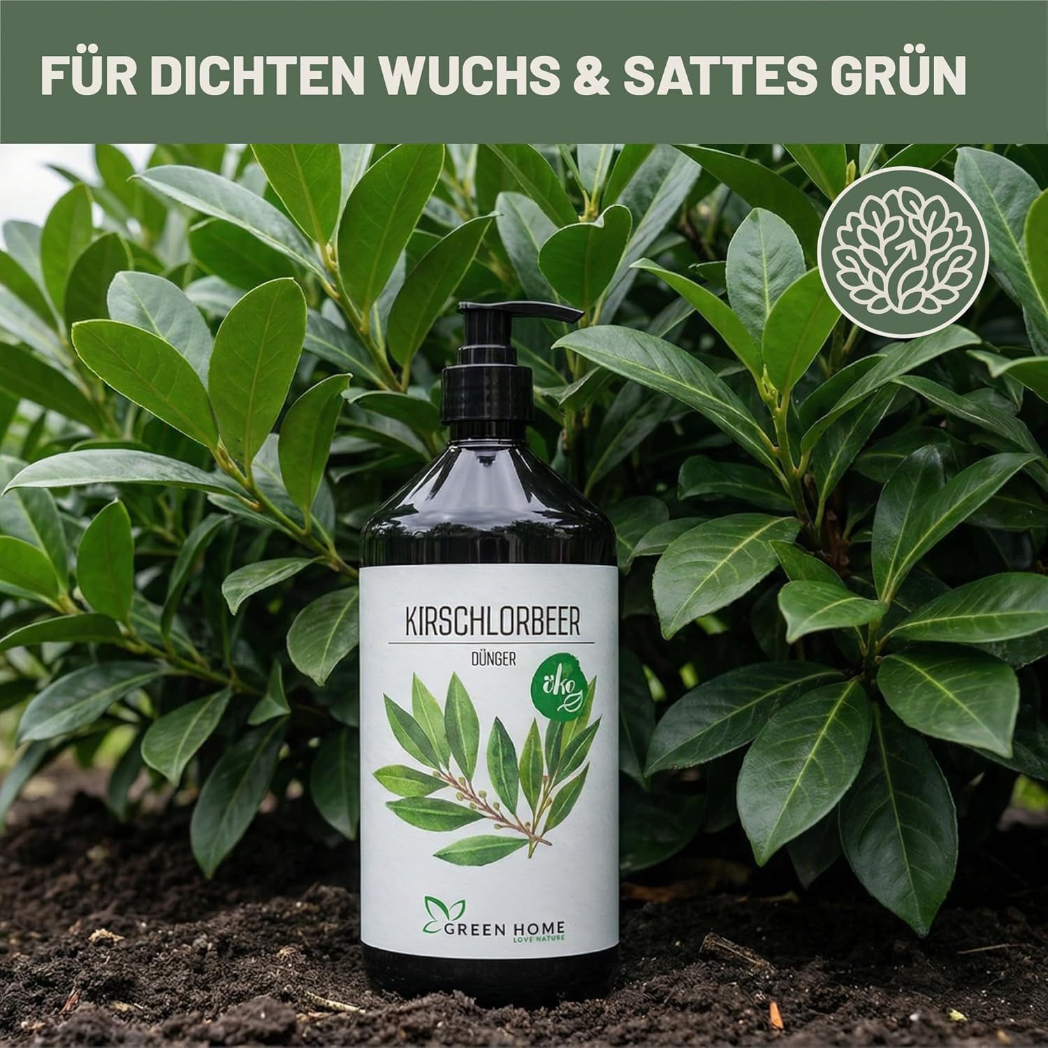 GREEN HOME LOVE NATURE Spezialdünger Kirschlorbeer-Dünger flüssig NPK 7+3+5 für kräftige Hecken, Kirschlorbeer, NPK 7+3+5, Spurennährstoffe, chelatiert, Dosierpumpe