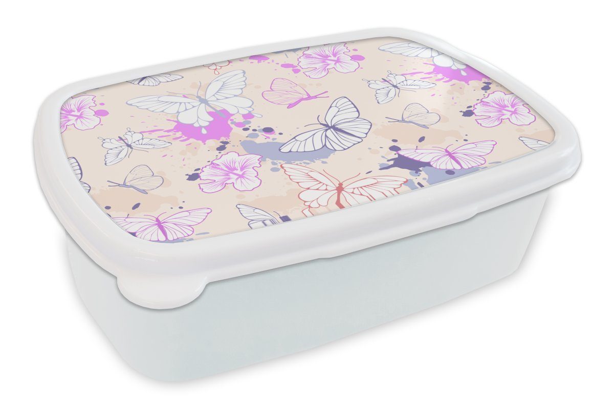 MuchoWow Lunchbox Schmetterling - Muster - Blumen, Kunststoff, (2-tlg), Brotbox für Kinder und Erwachsene, Brotdose, für Jungs und Mädchen weiß