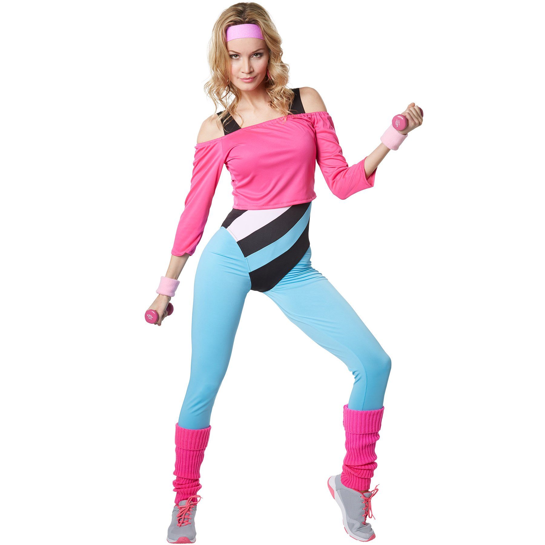dressforfun Kostüm Tänzerin/Trainerin, in bunt, Inkl. Beinstulpen und Schweißbändern, Gr. XL, Aerobic-Outfit im Stil der 80er Jahre, Lange figurbetonte Hose
