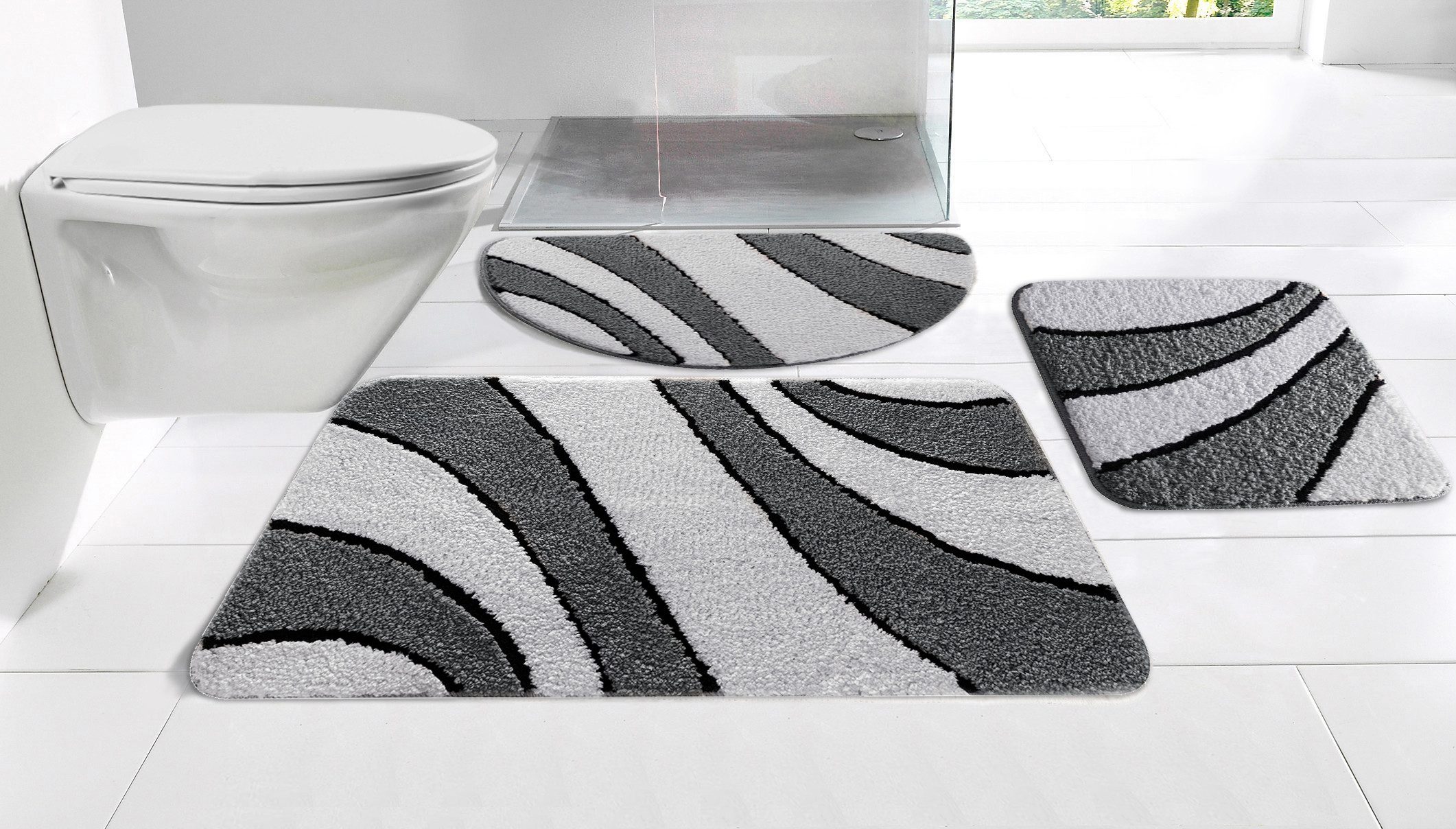 OTTO home Badematte Anna, Badvorleger, Badezimmer Teppich, Höhe 16 mm, rutschhemmend beschichtet, schnell trocknend, fußbodenheizungsgeeignet, Polyester, rechteckig, 3tlg Set Hänge WC, Badteppich, Hoch Tief Effekt, Modern, Weich, Wellen