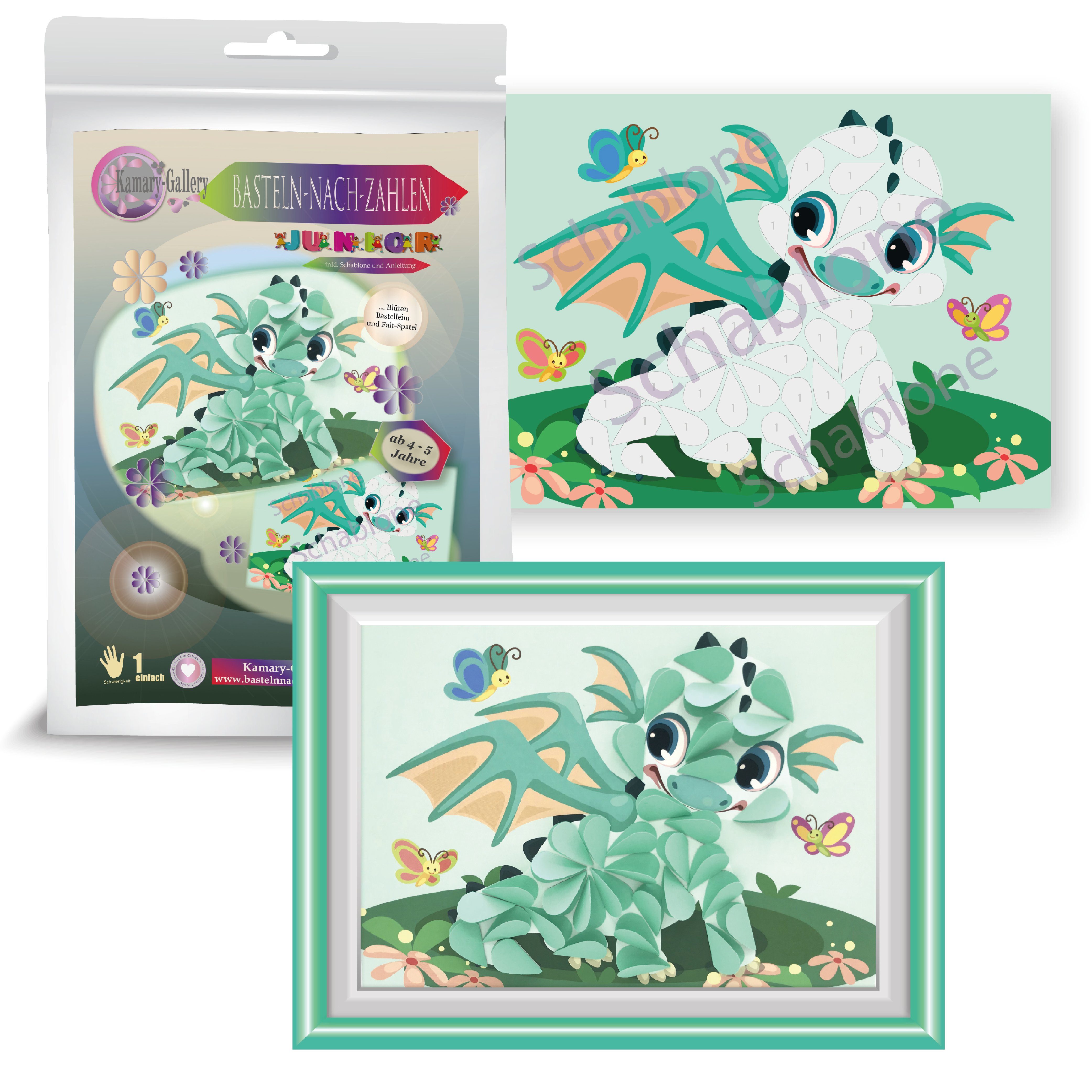 Kamary-Gallery, Basteln nach Zahlen Kreativset Bastelset Motiv Drache Basteln nach Zahlen für Kinder ab 4 oder 6 Jahre, Papierbastelset 3D Bild, Made in Germany, zur Übung der Feinmotorik, 3D basteln