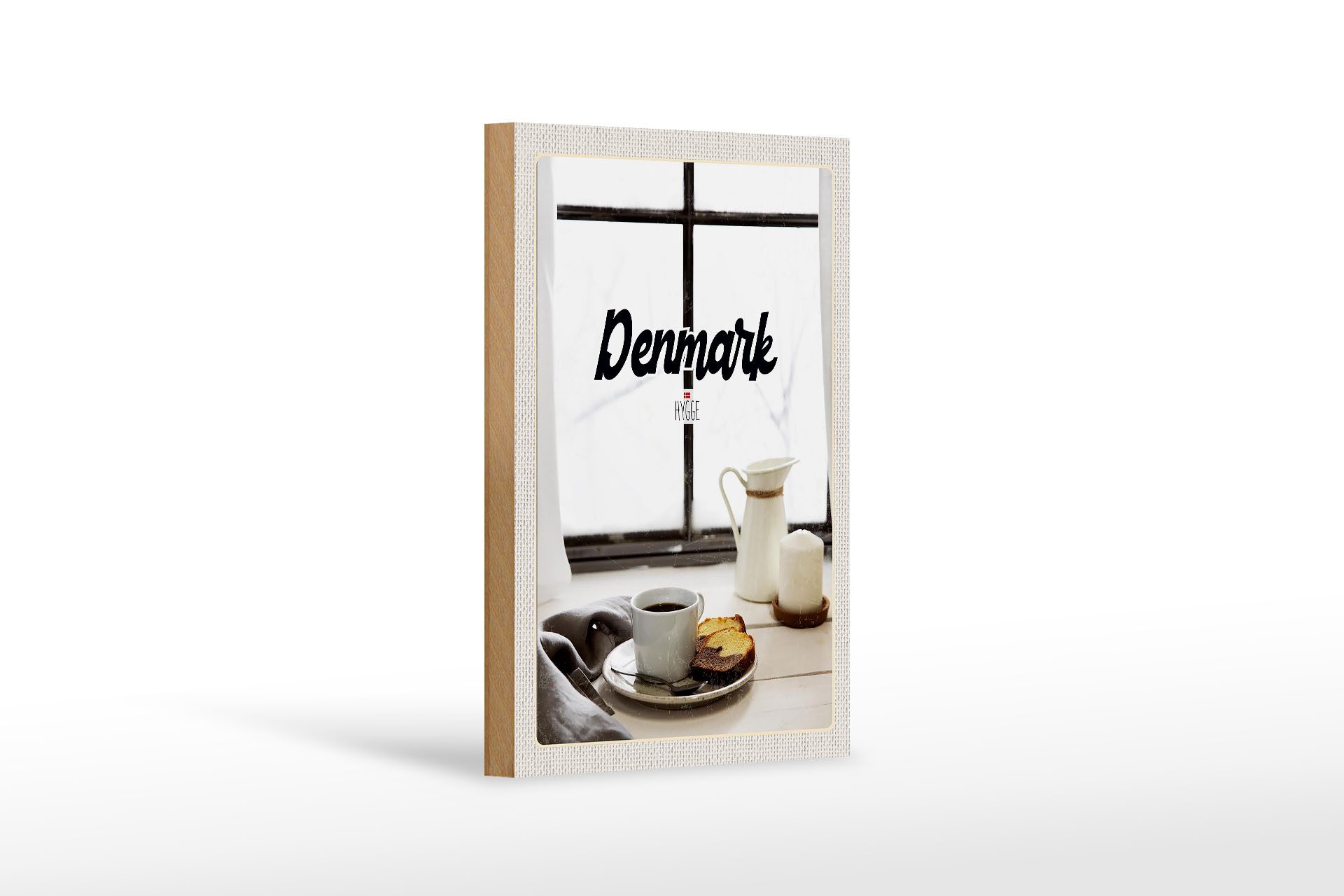 Holzbild Reise 12x18 cm Dänemark Kaffee und Kuchen Fenster