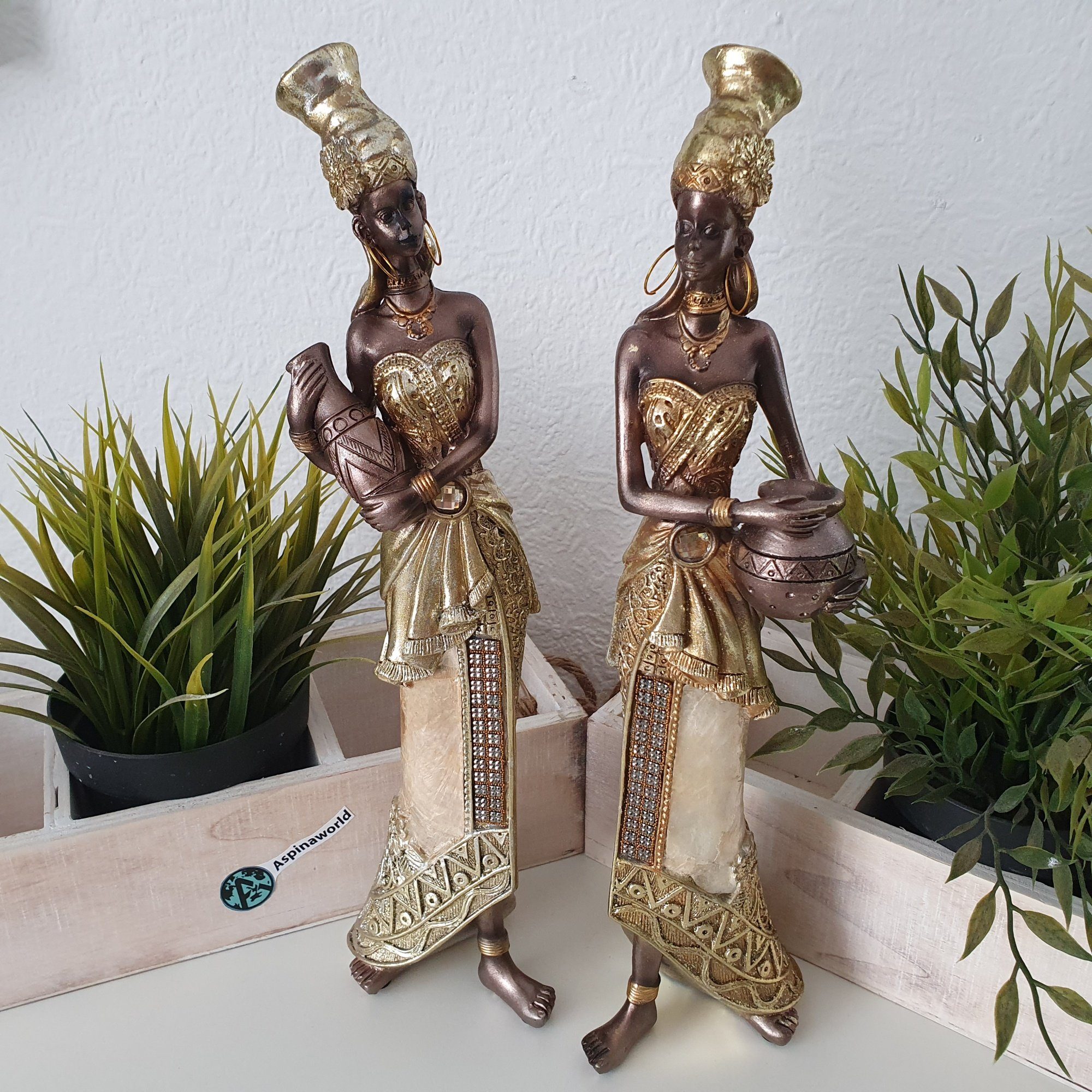 Aspinaworld Dekofigur Afrikanische Dekofigur Frau mit Kane und Vase im Arm 32 cm 2er Set