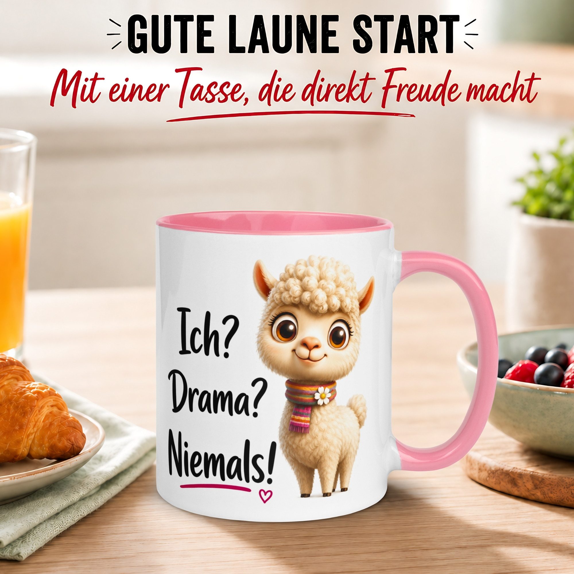 Momentals Tasse Alpaka – „Ich? Drama? Niemals!“ – lustiger Geschenk Becher, Gratis Versand · Links-&Rechtshänder · Spülmaschinenfest