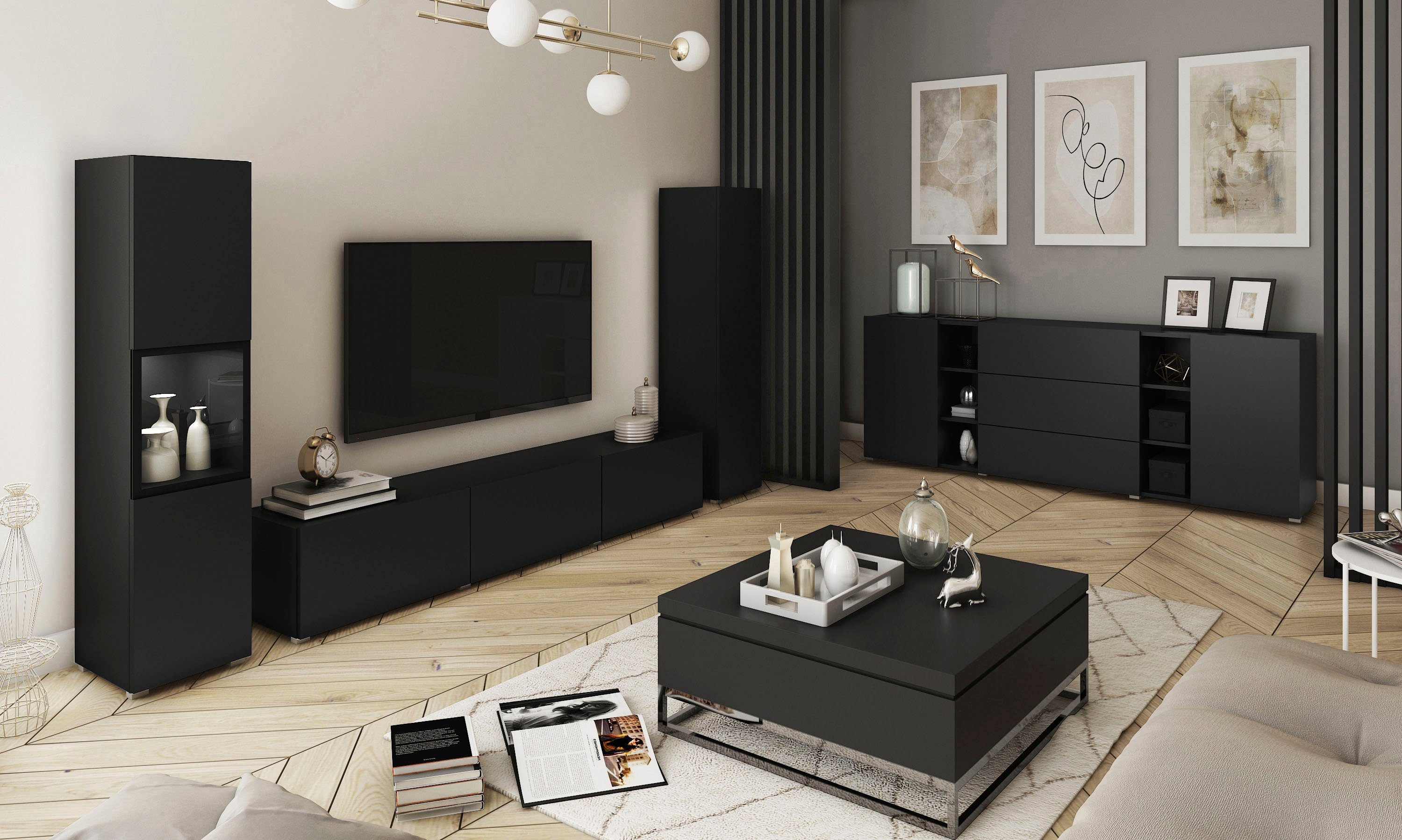 Home affaire Wohnwand BERLIN III, Vitrine Türschlag links/rechts wechselbar, (Komplett-Set, 3-St), moderne grifflose Mediawand Breite 260 cm, Vitrine mit Verglasung