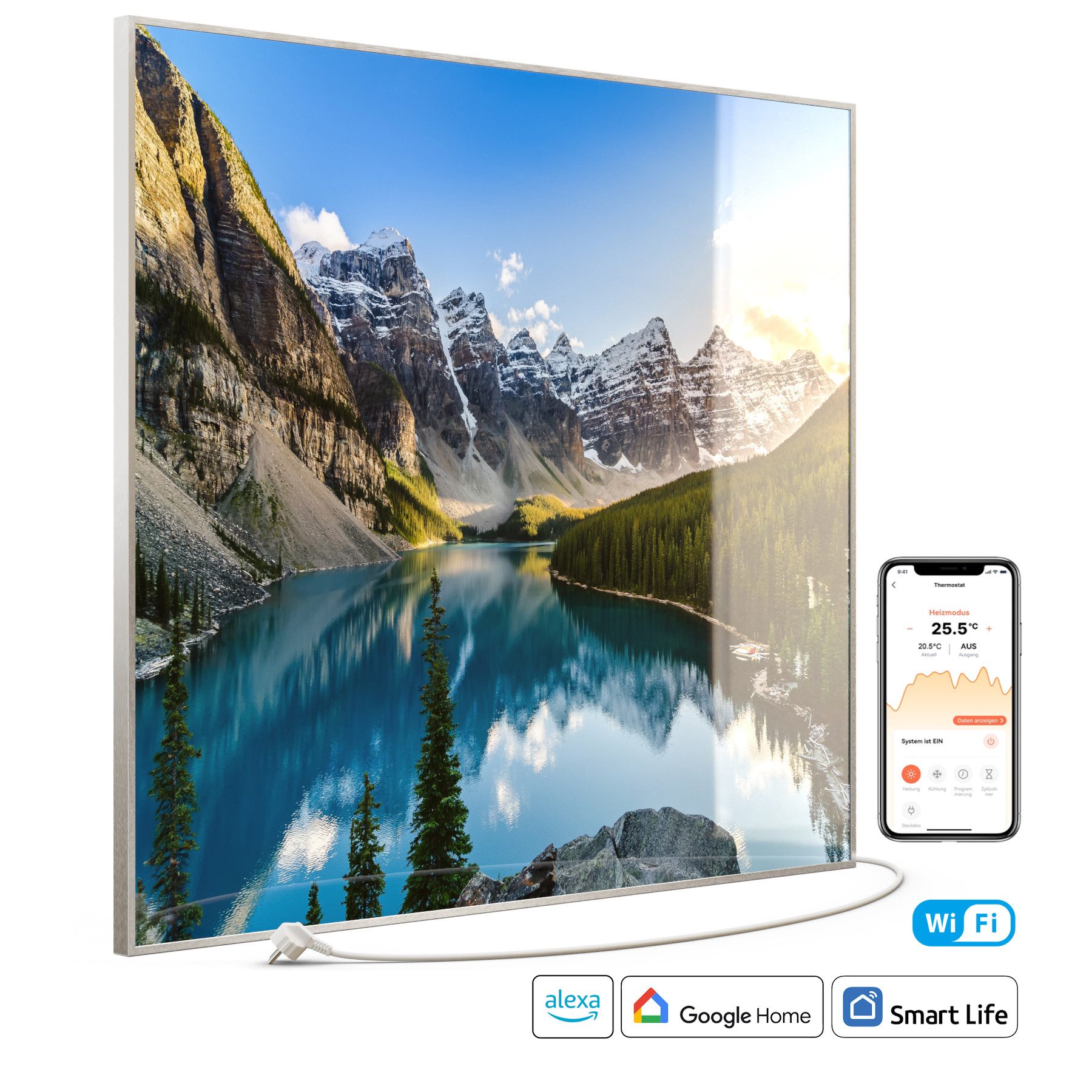 STEINFELD Heizsysteme Infrarotheizung Glas-Bild 1200W, 114x100cm, Made in Germany, 7 Jahre Garantie, mit Thermostat, Silber