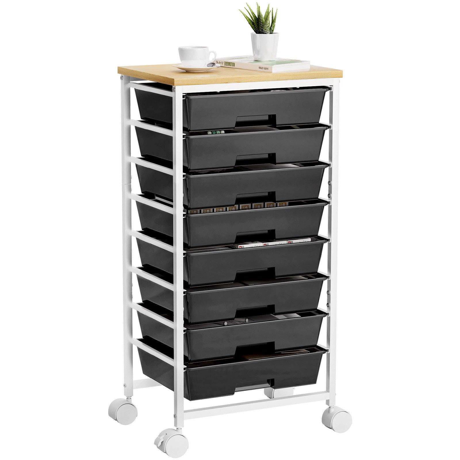 Yorbay Rollwagen mit 8 Schubladen und Holzplatte, Schubladenschrank aus Kunststoff, (Multifunktionaler Aufbewahrungsrollcontainer mit Rollen), für Wohnzimmer, Schlafzimmer, Badezimmer, Büro, Klassenzimmer, Küche