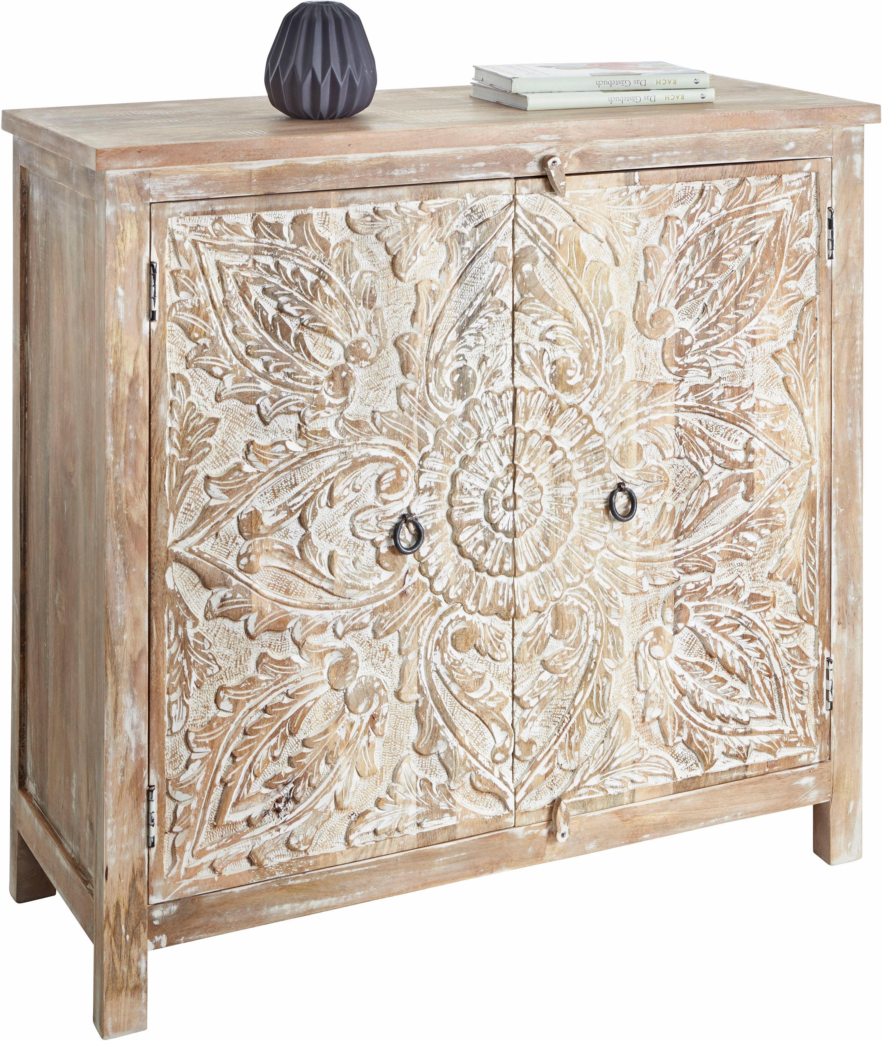 OTTO home Kommode Malati Highboard mit 2 Türen, 2 Fächer und dekorativer Fräsung, Handgefertigt mit dekorativen Fräsungen, mit Metallgriffen