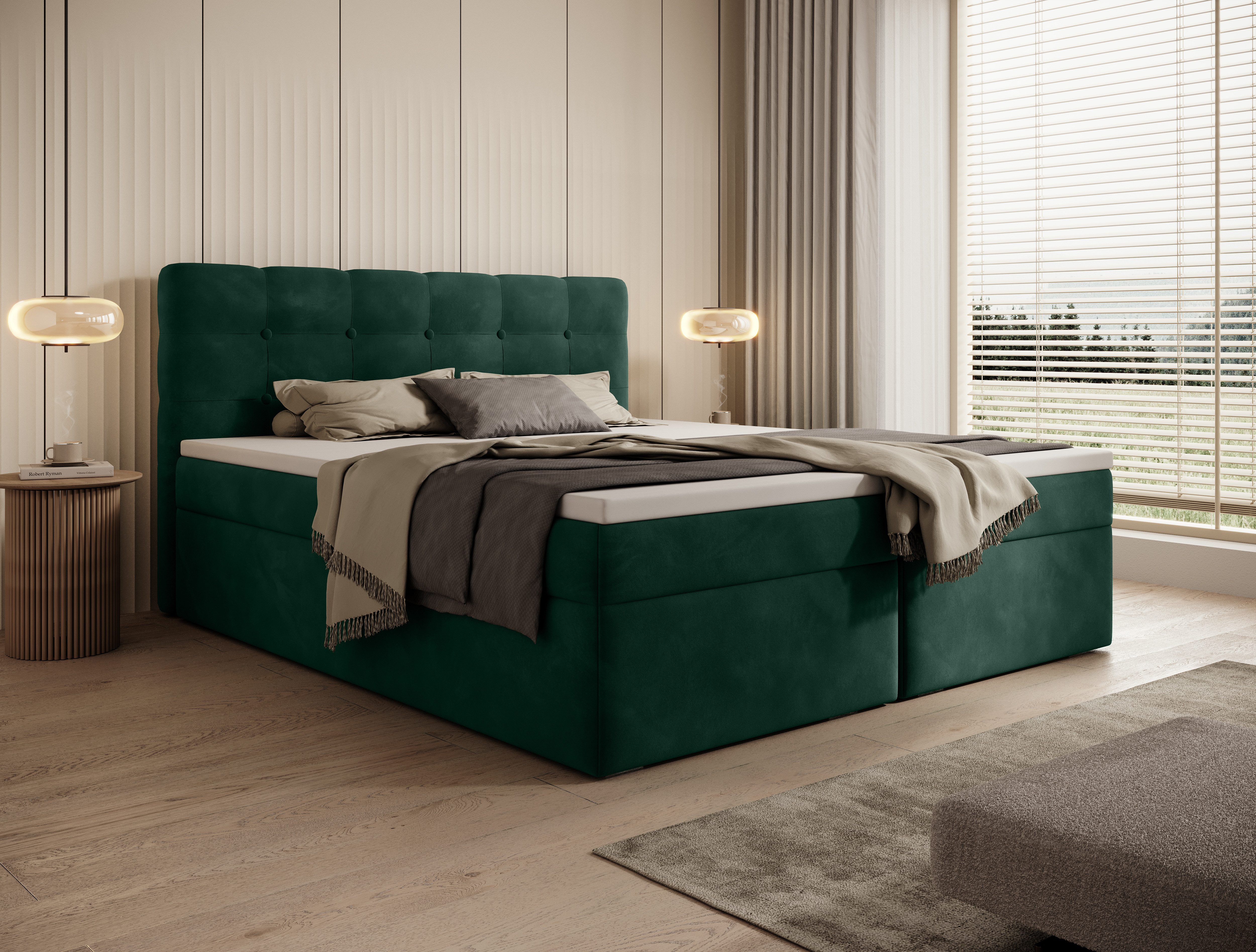 thematys Boxbett Luxus mit Bettkasten 140x200–200x200cm - Velours oder Bouclé Bezug (Polsterbett Bonnellfederkern Matratze H3 + Gratis 3cm Topper, – Doppelbett mit Stauraum - Boxbett)