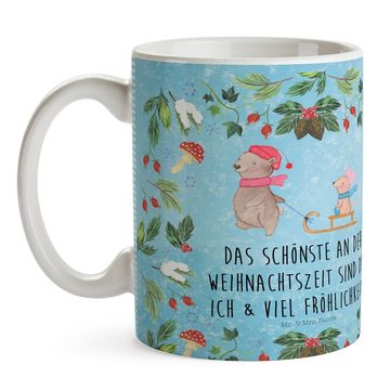 Mr. & Mrs. Panda Tasse Bär und Maus Schlitten - Eisblau - Geschenk, Winter, Advent, Geschenk, Keramik, Herzberührende Designs