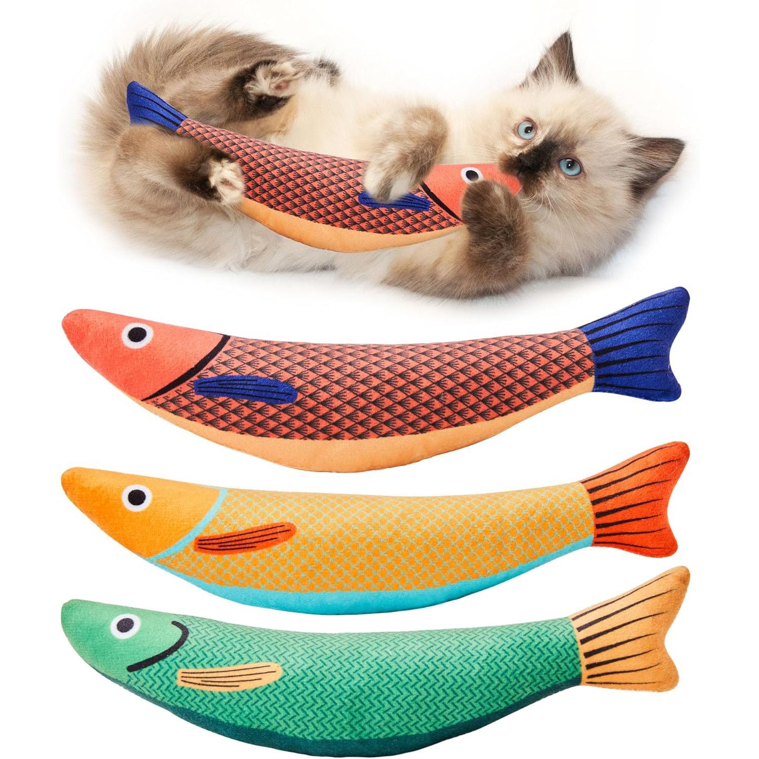 TUWENA Tierkuscheltier Katzenspielzeug Set, 3 Fischkicker mit Katzenminze & Knistergeräusch, (3-tlg)