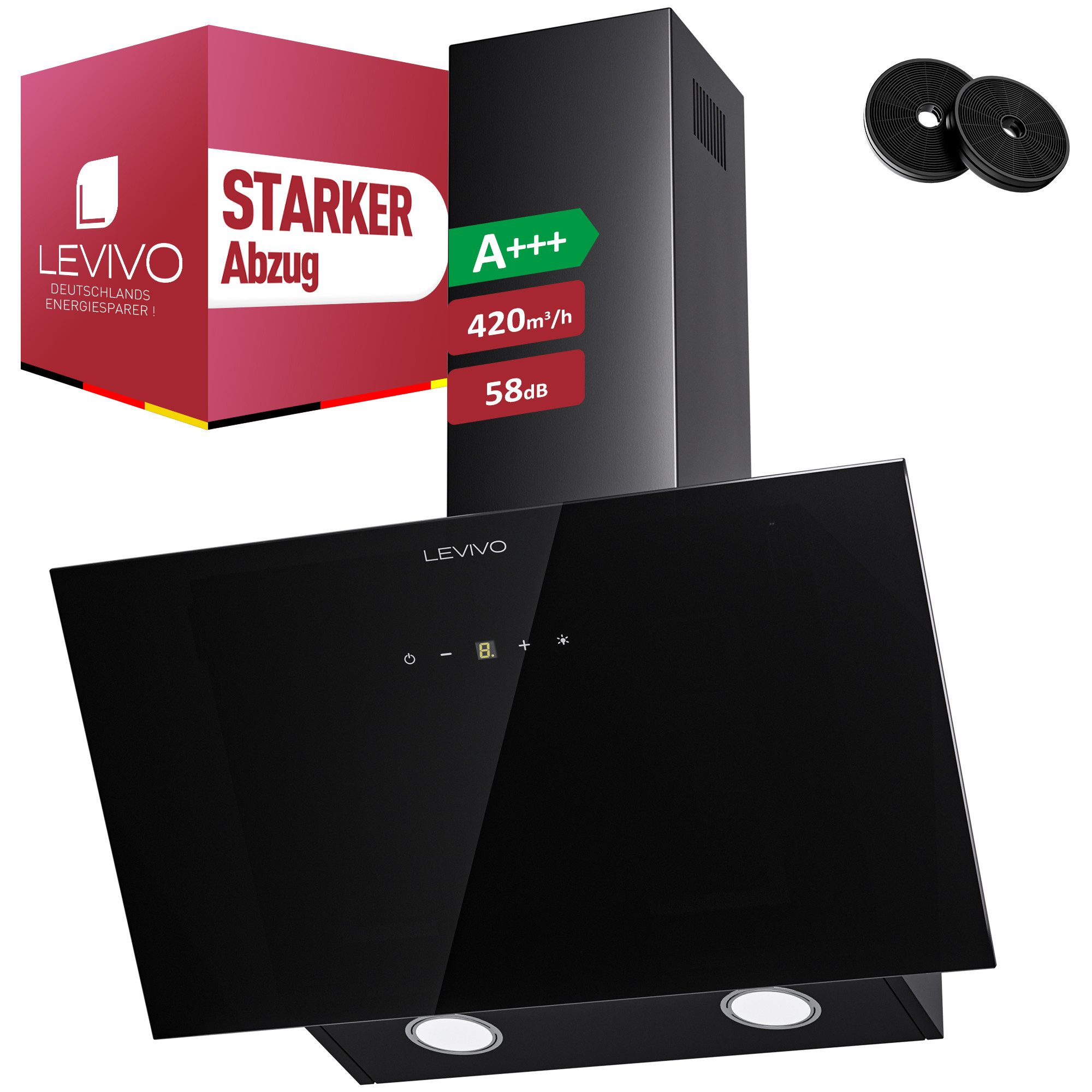 Levivo Kopffreihaube A+++ Dunstabzugshaube 60cm Umluft & Abluft mit 420 m³/h Luftleistung A+++ Dunstabzugshaube 60cm Umluft & Abluft mit 420 m³/h Luftleistung, Aktivkohlefiltern, Fettfiltern, LED-Beleuchtung