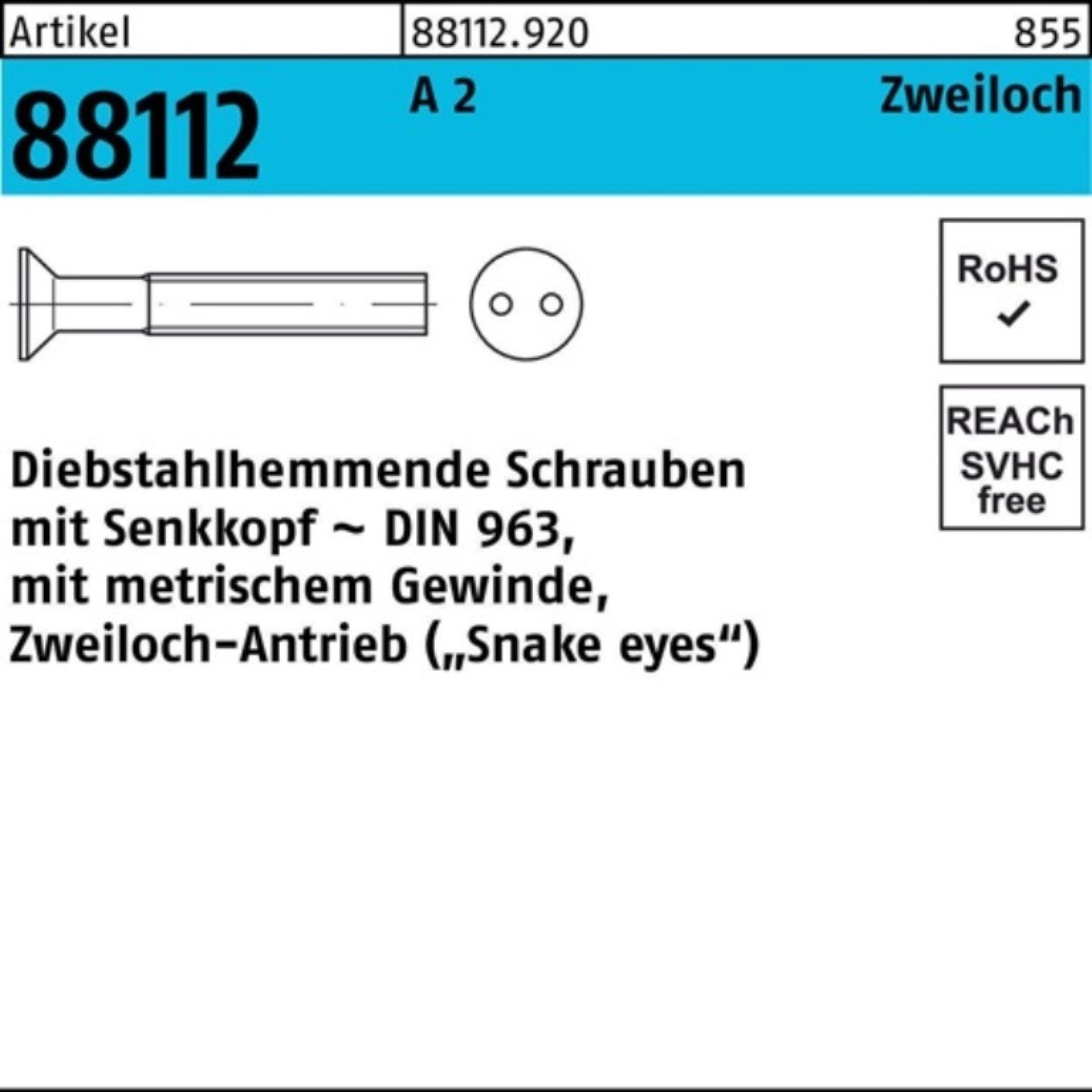 Reyher Schraube 100er Pack Schraube R 88112 diebstahlhemmend Seko/Zweiloch M3x 20 A 2