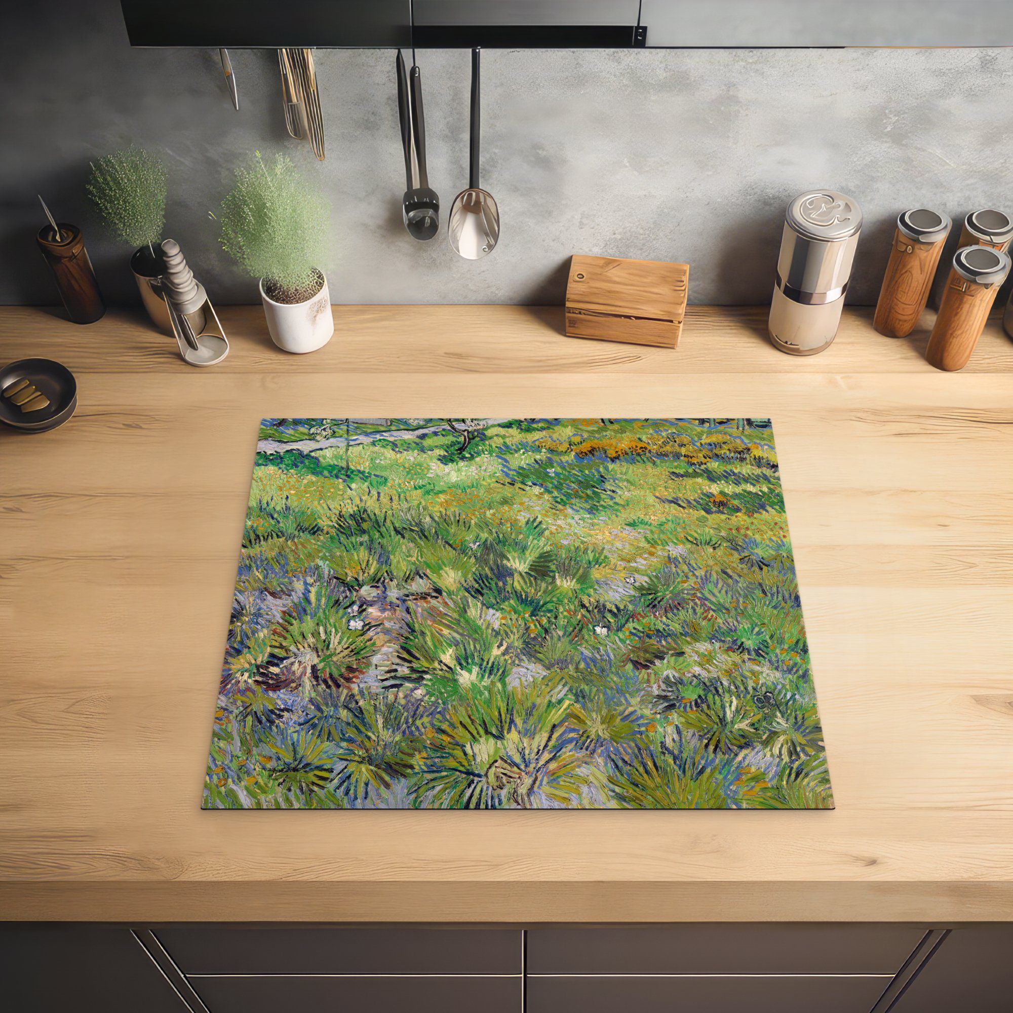 MuchoWow Herdblende-/Abdeckplatte mit Vinyl, 59x52 für tlg), Langes van Induktionsmatte cm, küche, Schmetterlingen Ceranfeldabdeckung Gras (1 Gogh, die Vincent 