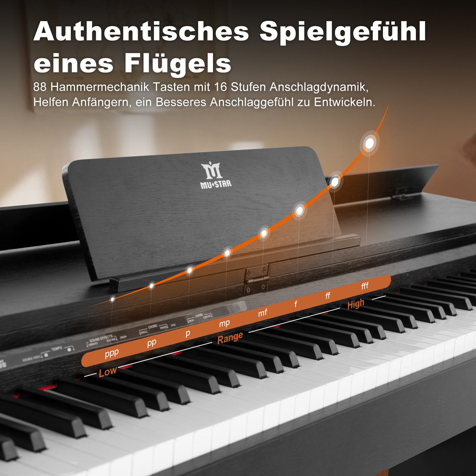 MUSTAR Digitalpiano Professionelles Digitalpiano 88 Tasten mit Hammermechanik, Klavierhocker, 3 Pedalen, USB/MIDI & Dualkontrollsystem – Bild 5 von 5