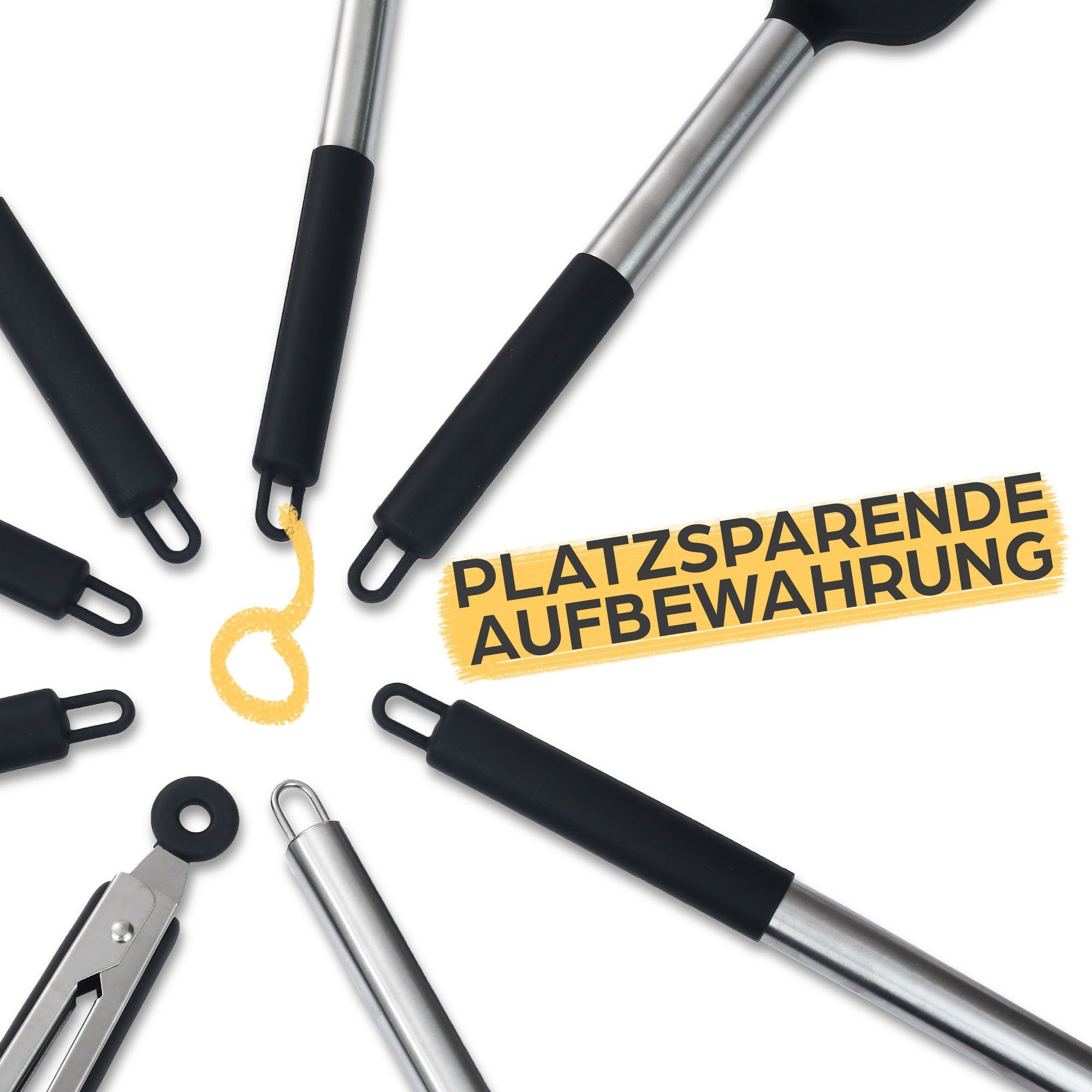 Praknu Kochbesteck-Set Küchenutensilien 8er Set Edelstahl mit Silikon Griff (Set, 8-tlg), Küchen Accessoires Zubehör Haushalt Set & Halterung / Aufhängeschlaufe
