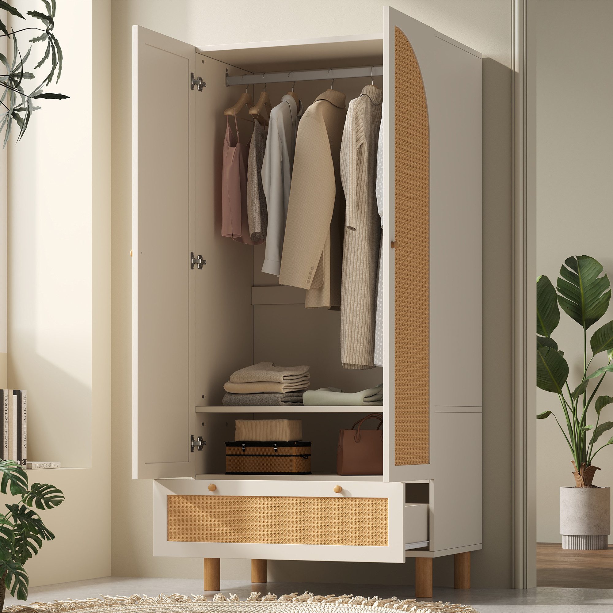 STILVORA Kleiderschrank mit Rattantüren,Garderobenschrank Aufwahrungsschrank mit Schublade (Kleiderschrank, Garderobenschrank, 1-St., mit 2 Rattan-Türen, 1 Schublade, Kippsicherung) mit höhenverstellbaren Regalen, Kleiderstange