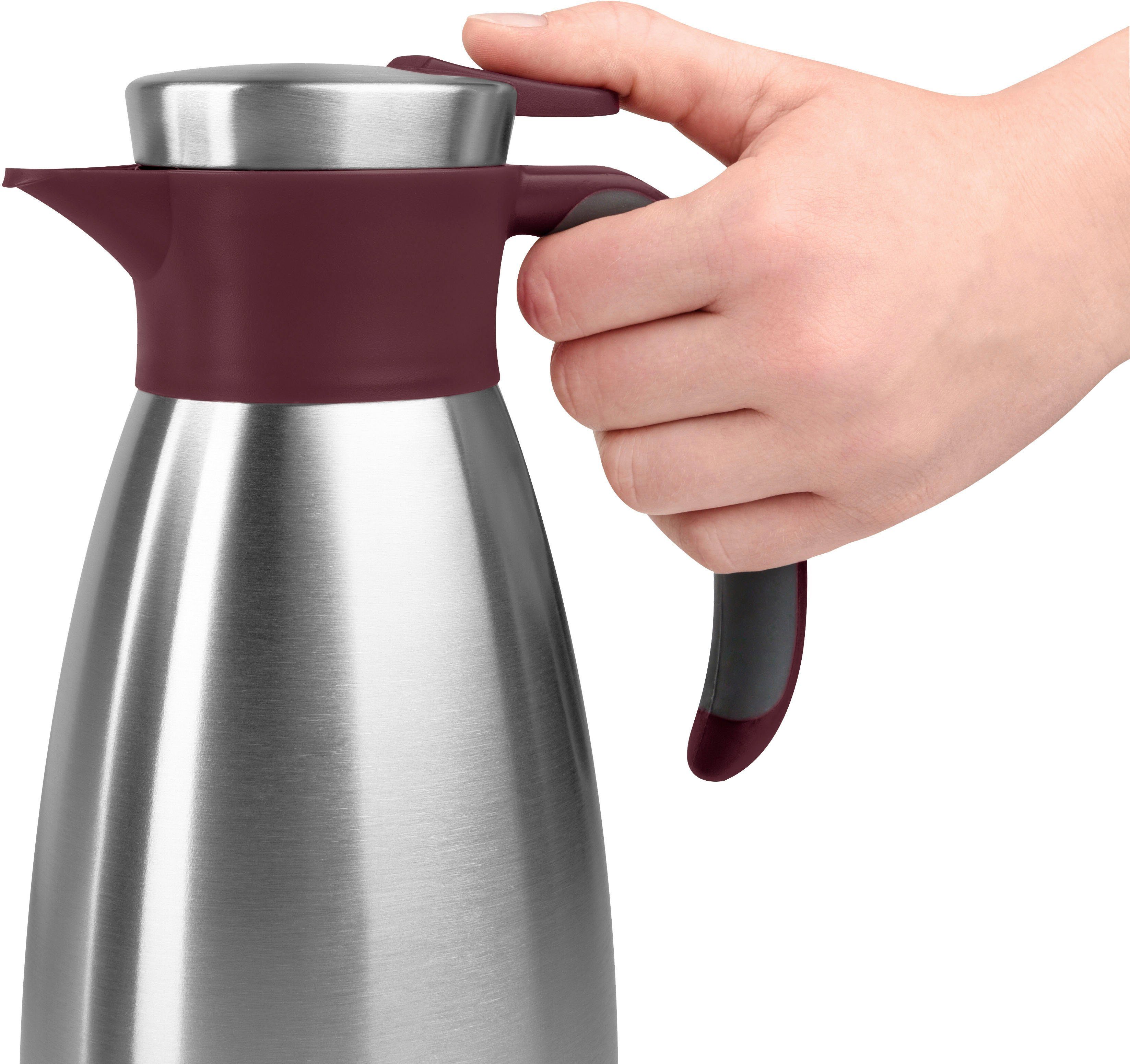 Emsa Isolierkanne Soft Grip, 1 l, (1-St), Quick Tip Verschluss, rutschfester Halt, 12 h heiß, 24 h kalt