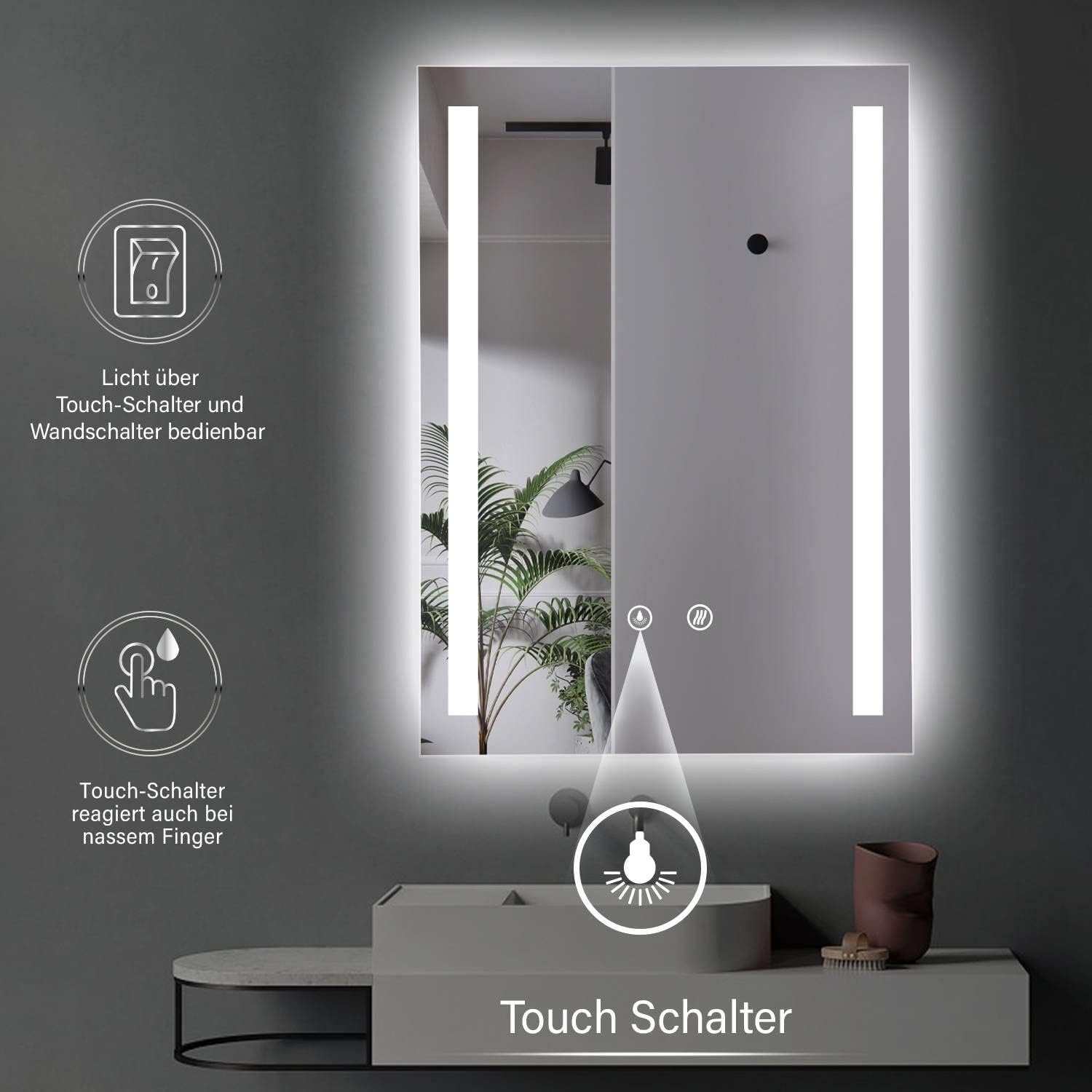HOKO Badspiegel Licht LED Wechsel Wandschalter Touch Schalter einschaltbar. 50x70/60x80cm+ Neutral. Kaltweiß LED mit Glass) - Memory-Funktion.IP44, Wandspiegel - Antibeschlag und HD mit (Warmweiß 5mm