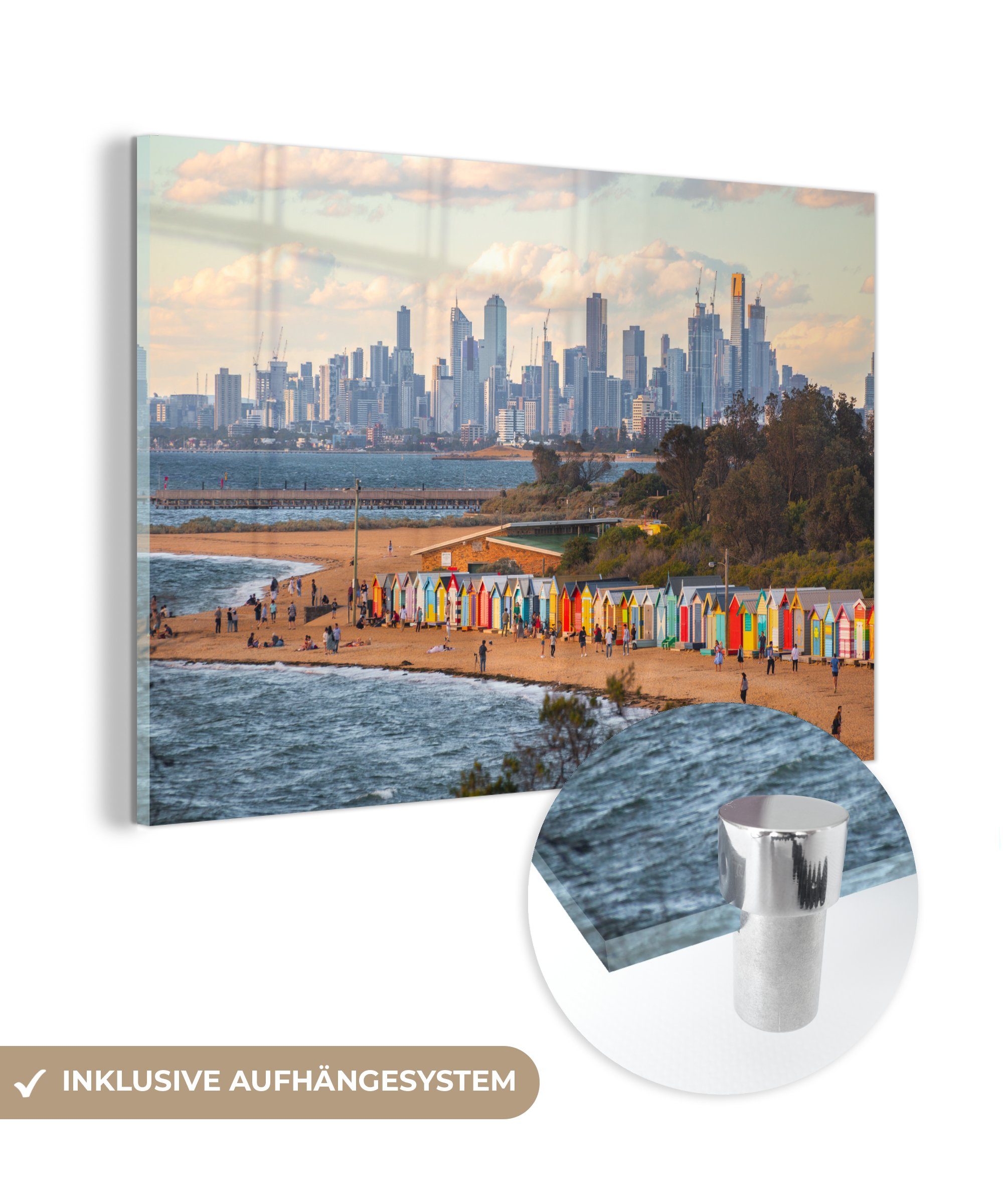 MuchoWow Acrylglasbild Skyline von Melbourne an der Küste Australiens, (1 St), Acrylglasbilder Wohnzimmer & Schlafzimmer