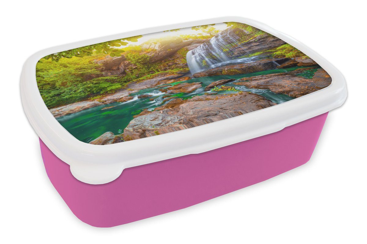MuchoWow Lunchbox Natur Bäume Brotdose - Wasserfall Brotbox Kinder, (2-tlg), Kunststoff Snackbox, - Erwachsene, - Mädchen, Sonne, Pflanzen für rosa - Kunststoff