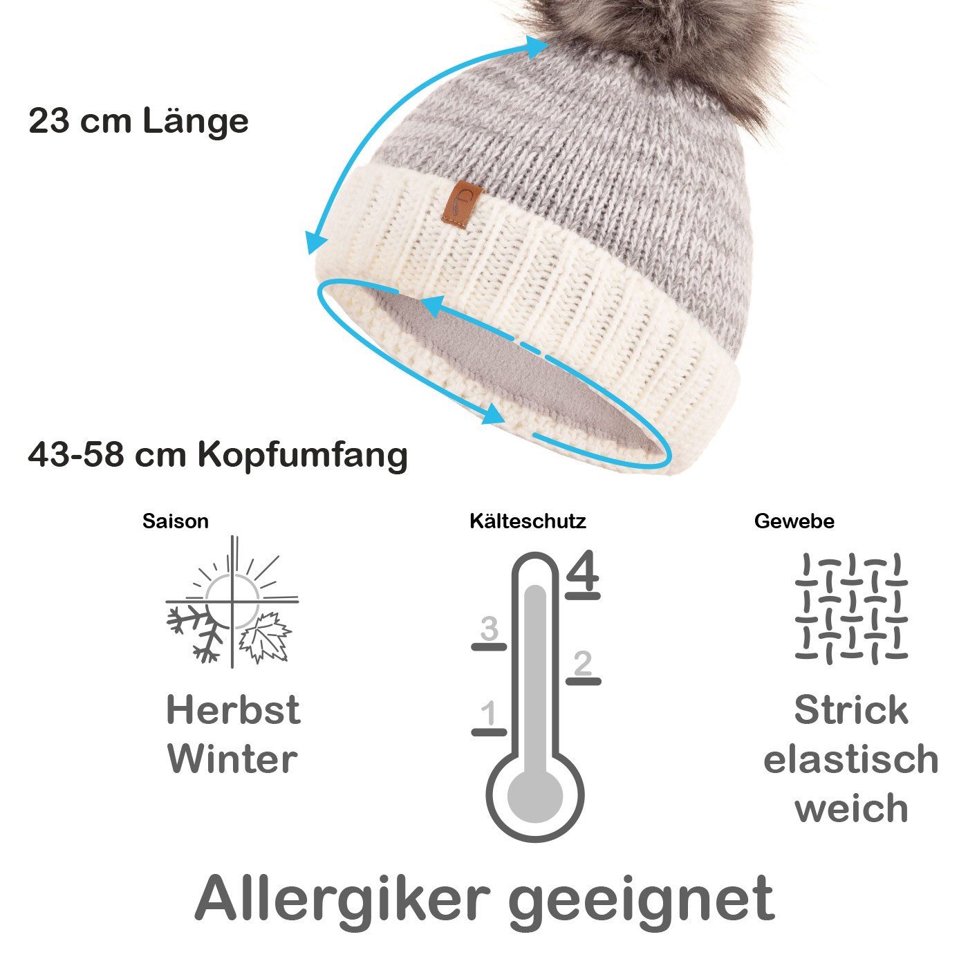Faera Bommelmütze Wintermütze Damen Herren Beanie Mütze Haube gefüttert Bommelmütze
